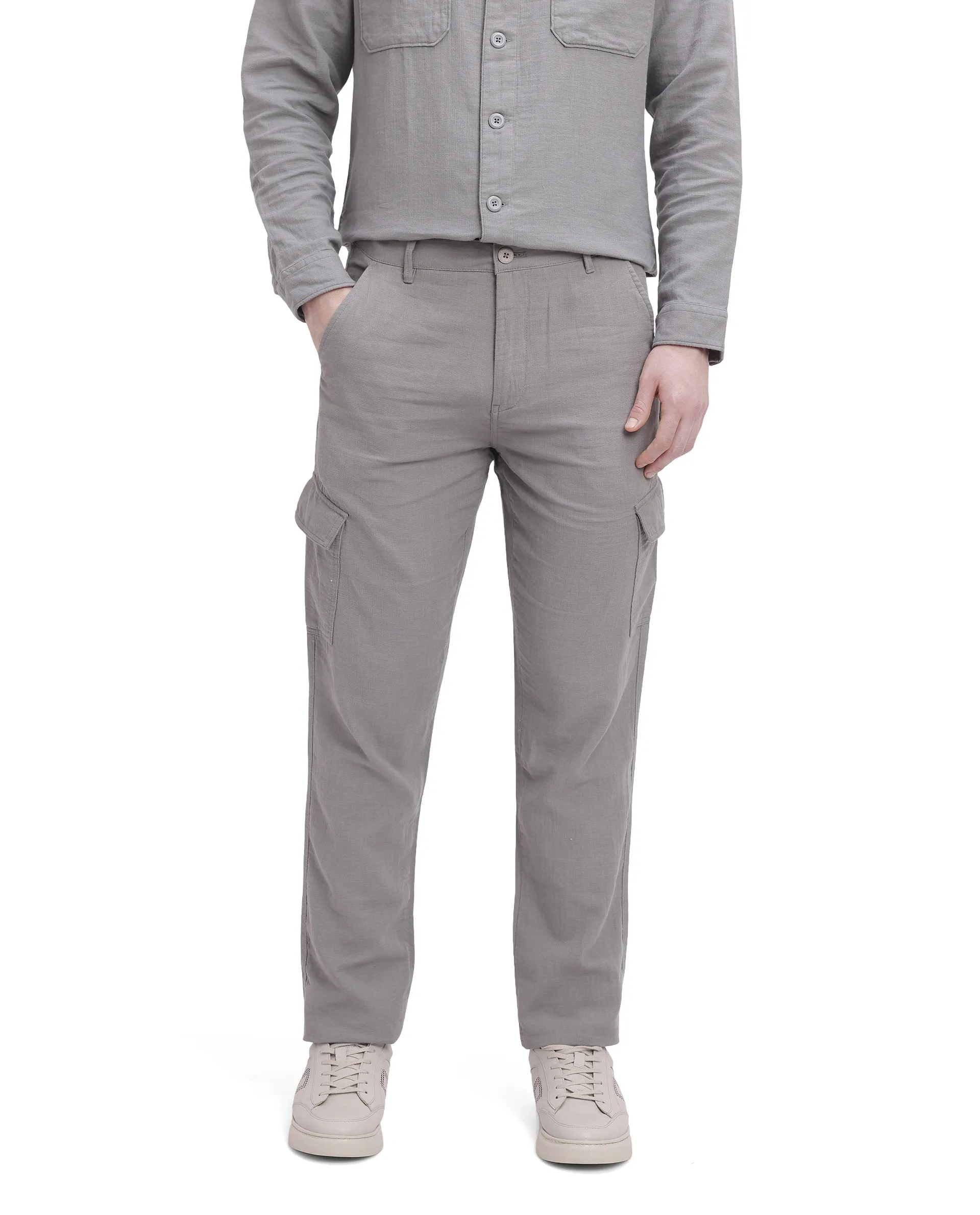 Rare Rabbit Men's Presso Light Grey Cotton Plain Relaxed Fit Trouser - Image 6