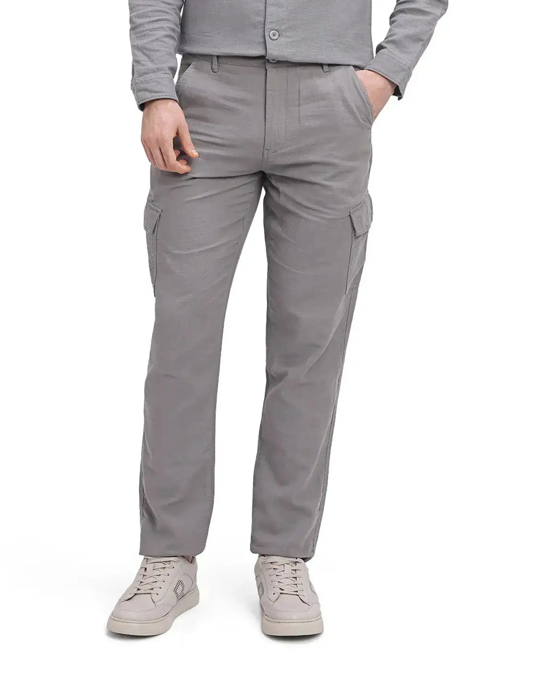 Rare Rabbit Men's Presso Light Grey Cotton Plain Relaxed Fit Trouser - Image 8