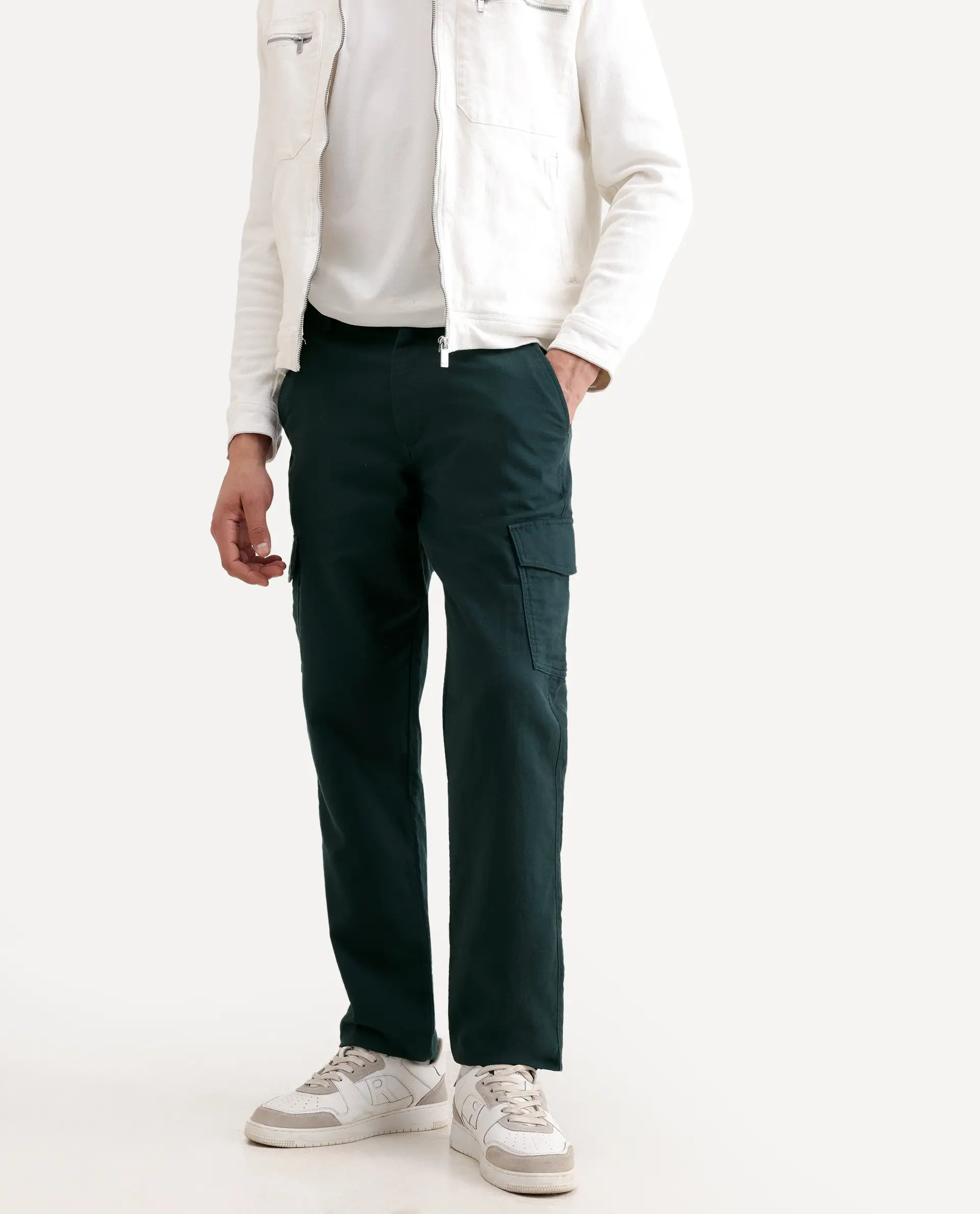 Rare Rabbit Men's Presso-Ss26 Dark Green Cotton Fabric Regular Fit Plain Cargo Trouser - Image 2