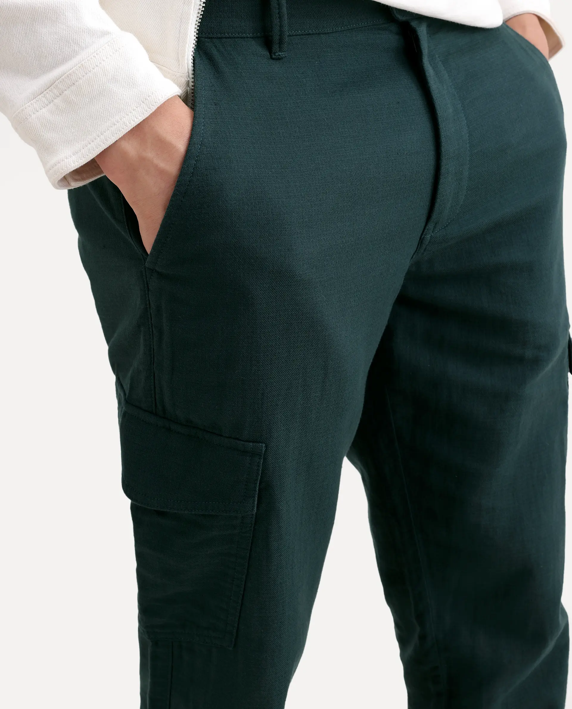 Rare Rabbit Men's Presso-Ss26 Dark Green Cotton Fabric Regular Fit Plain Cargo Trouser - Image 3