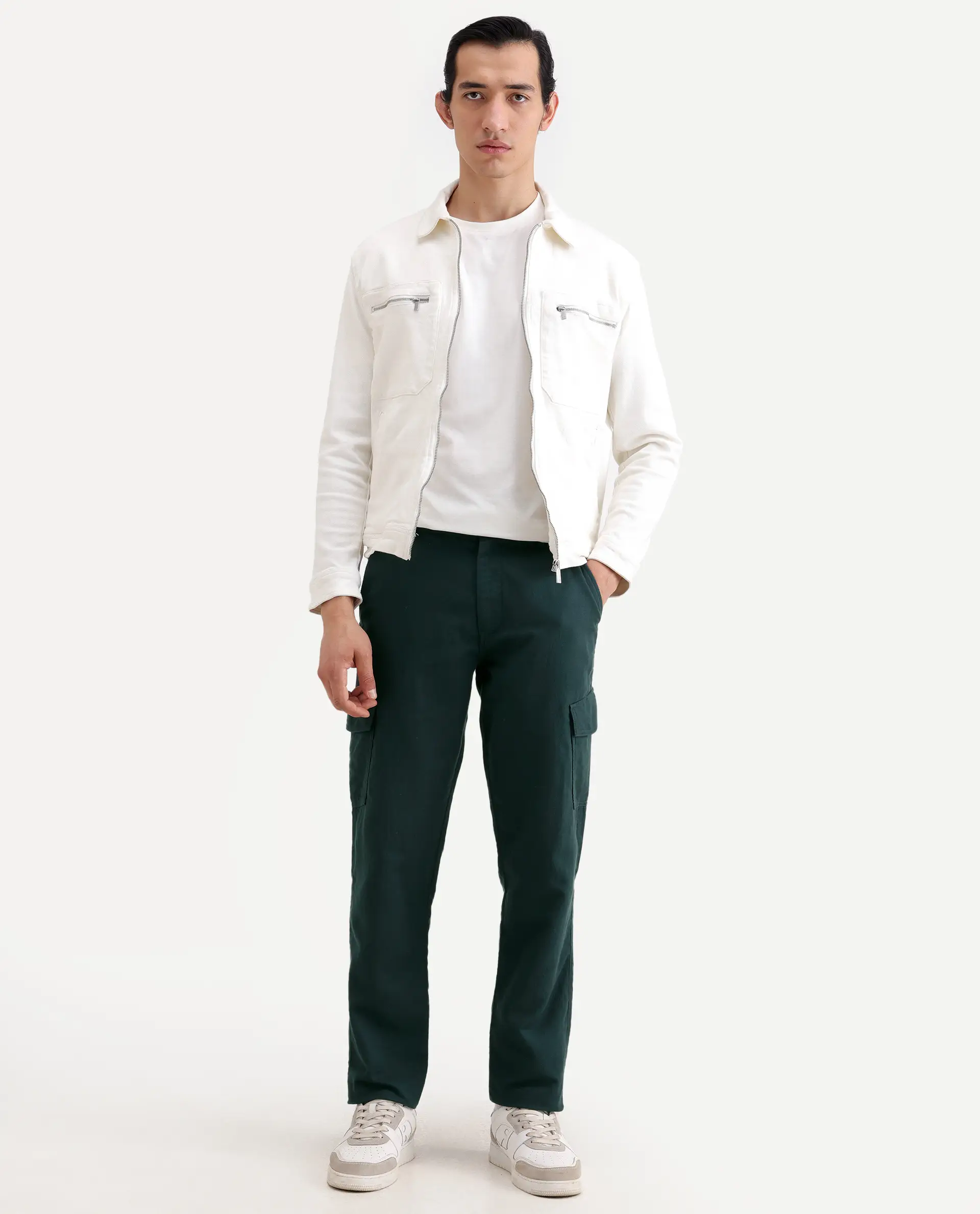 Rare Rabbit Men's Presso-Ss26 Dark Green Cotton Fabric Regular Fit Plain Cargo Trouser - Image 4