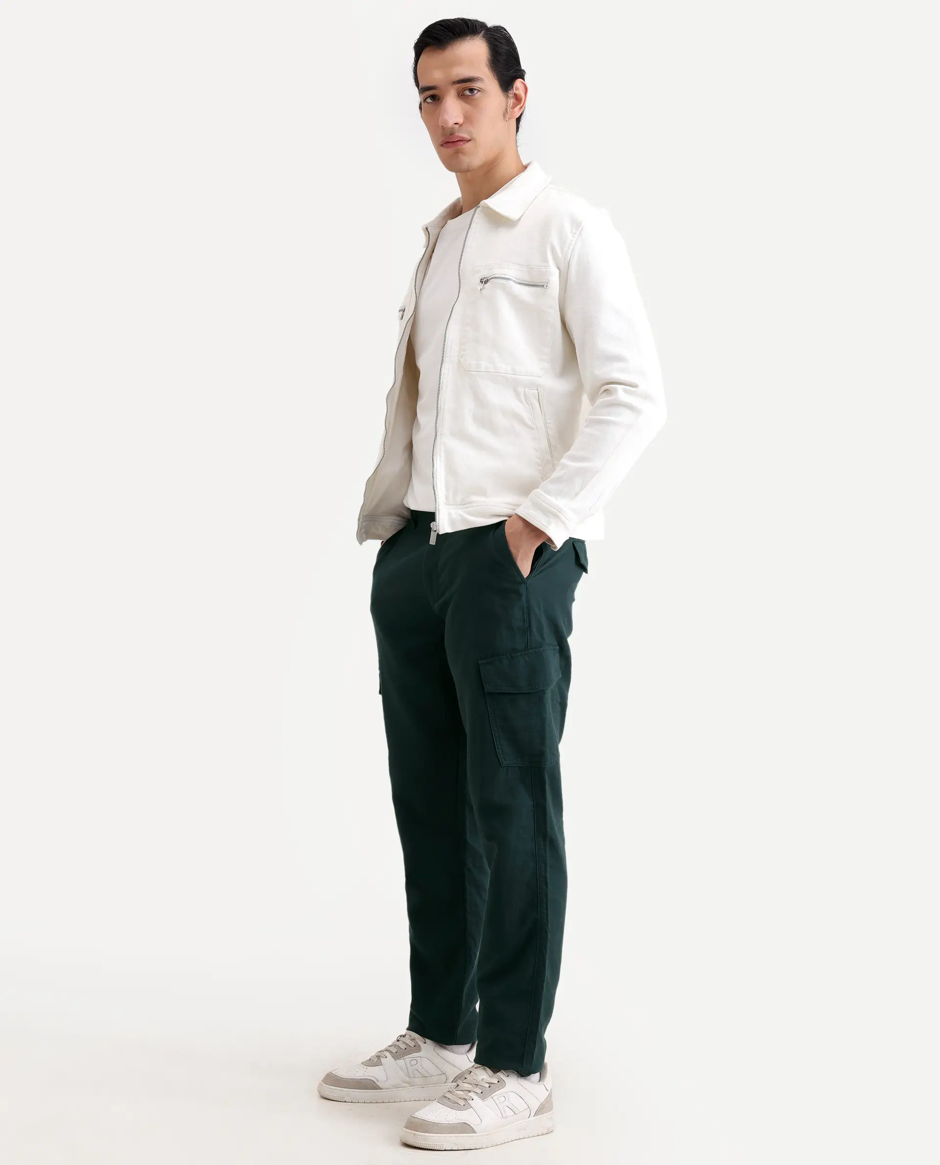 Rare Rabbit Men's Presso-Ss26 Dark Green Cotton Fabric Regular Fit Plain Cargo Trouser - Image 5