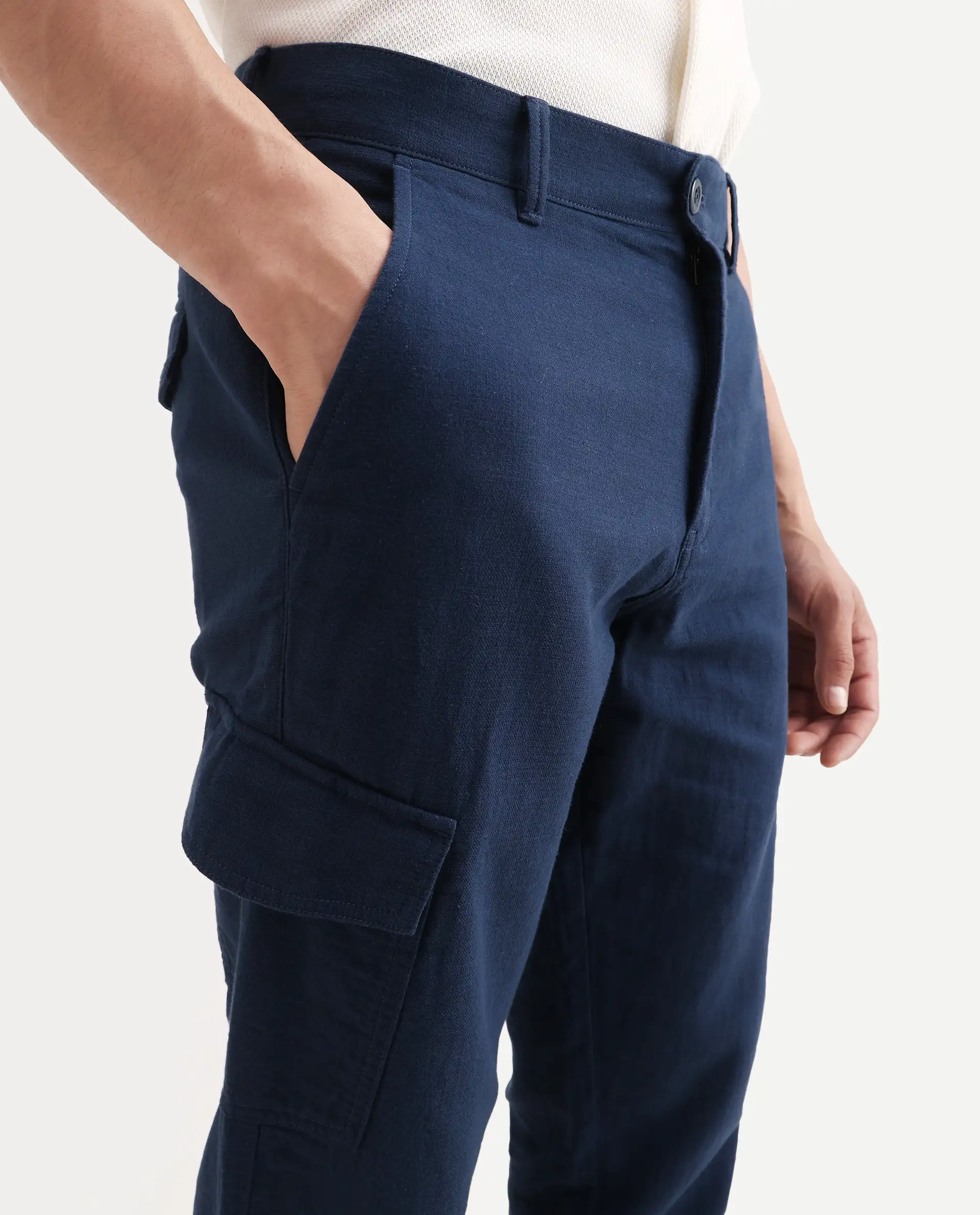Rare Rabbit Men's Presso-Ss26 Dark Teal Cotton Fabric Regular Fit Plain Cargo Trouser - Image 3