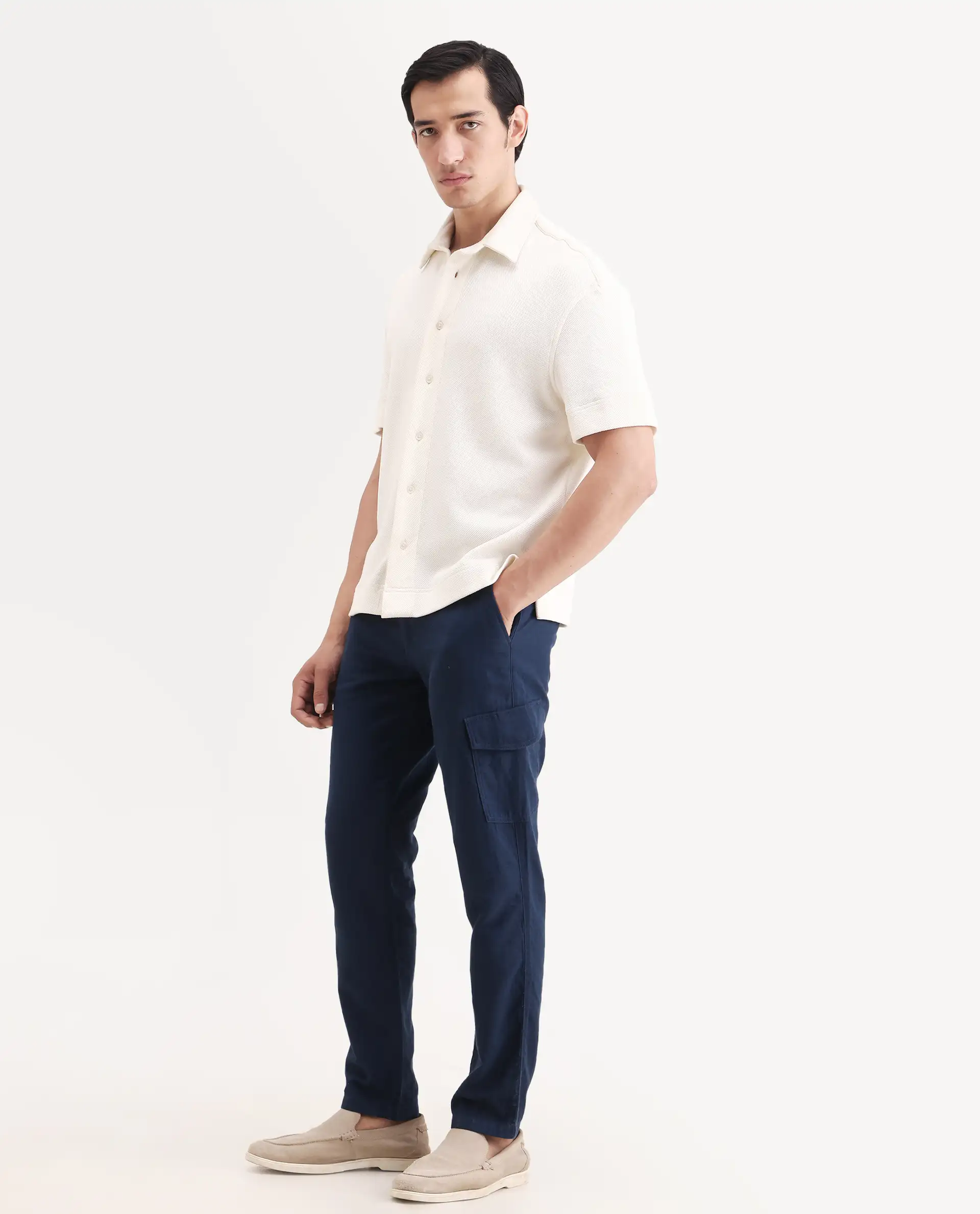 Rare Rabbit Men's Presso-Ss26 Dark Teal Cotton Fabric Regular Fit Plain Cargo Trouser - Image 4