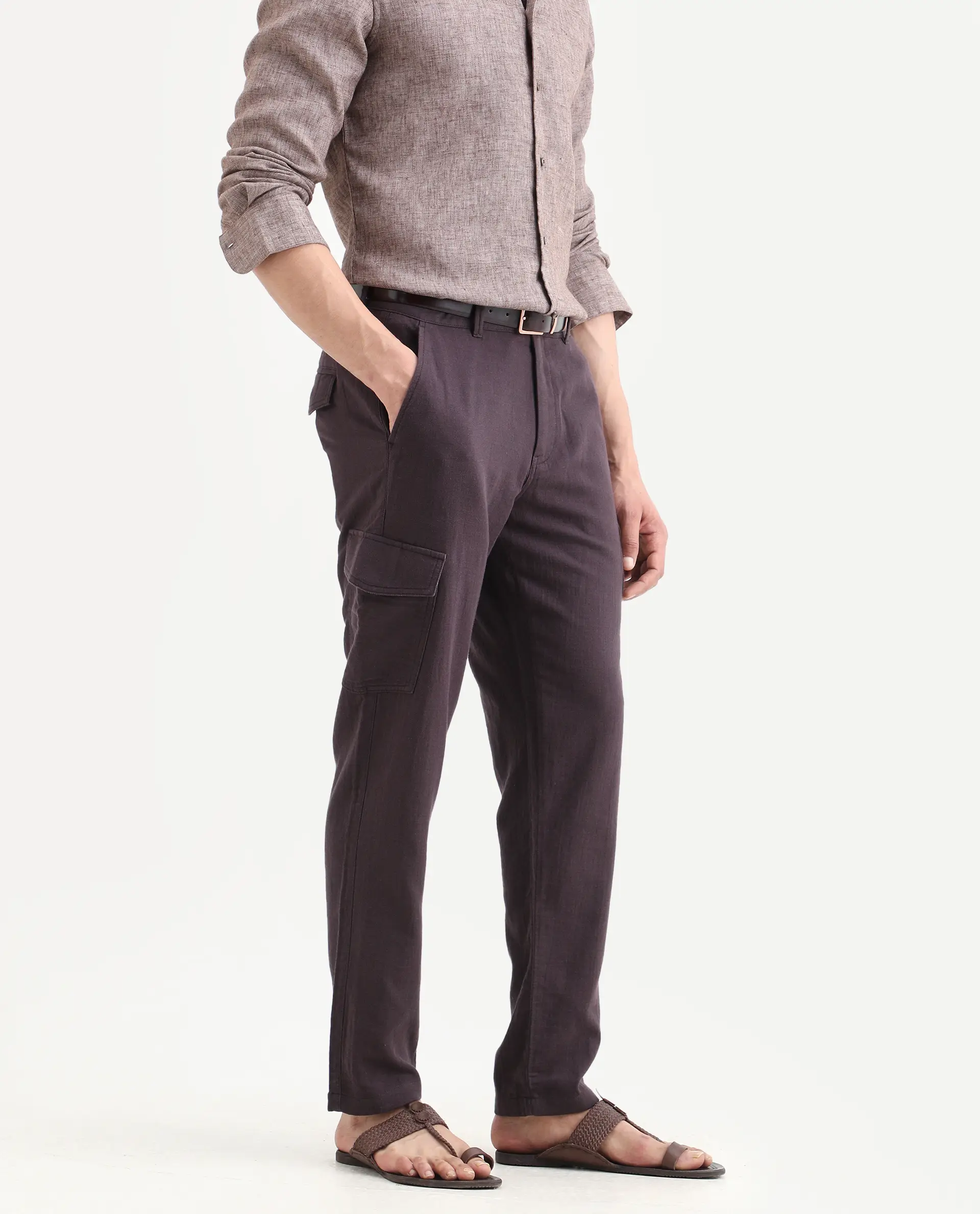 Rare Rabbit Men's Presso-Ss26 Dusky Purple Cotton Fabric Regular Fit Plain Cargo Trouser - Image 2