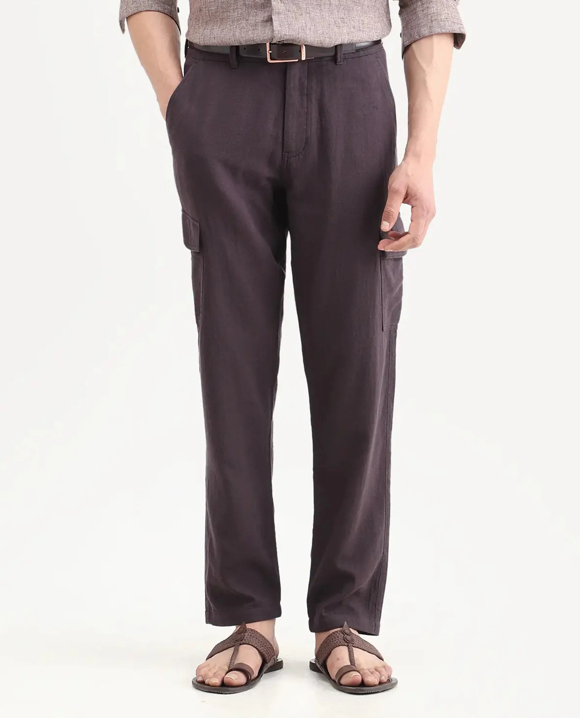 Rare Rabbit Men's Presso-Ss26 Dusky Purple Cotton Fabric Regular Fit Plain Cargo Trouser - Image 8