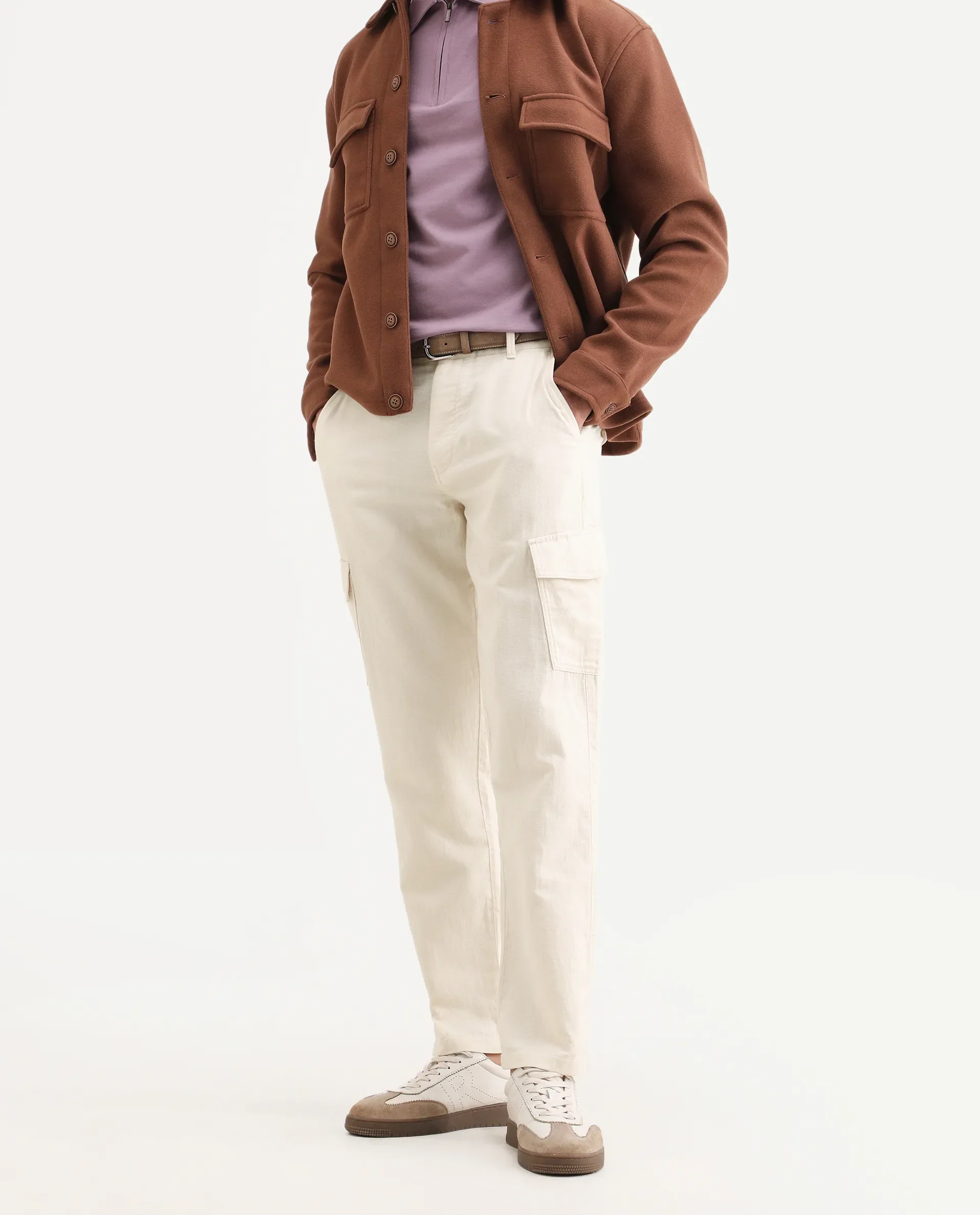 Rare Rabbit Men's Presso-Ss26 Light Beige Cotton Fabric Regular Fit Plain Cargo Trouser - Image 3