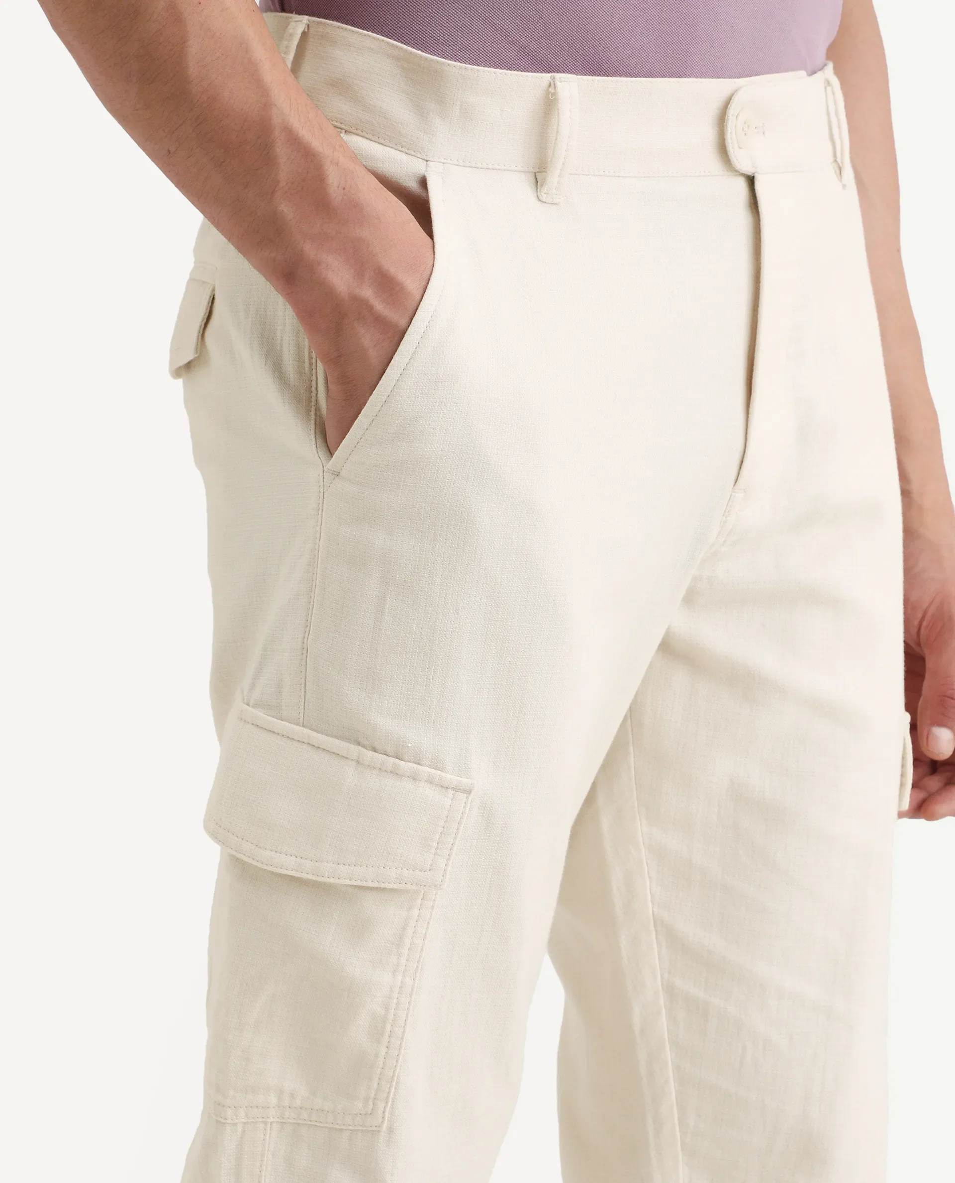 Rare Rabbit Men's Presso-Ss26 Light Beige Cotton Fabric Regular Fit Plain Cargo Trouser - Image 4