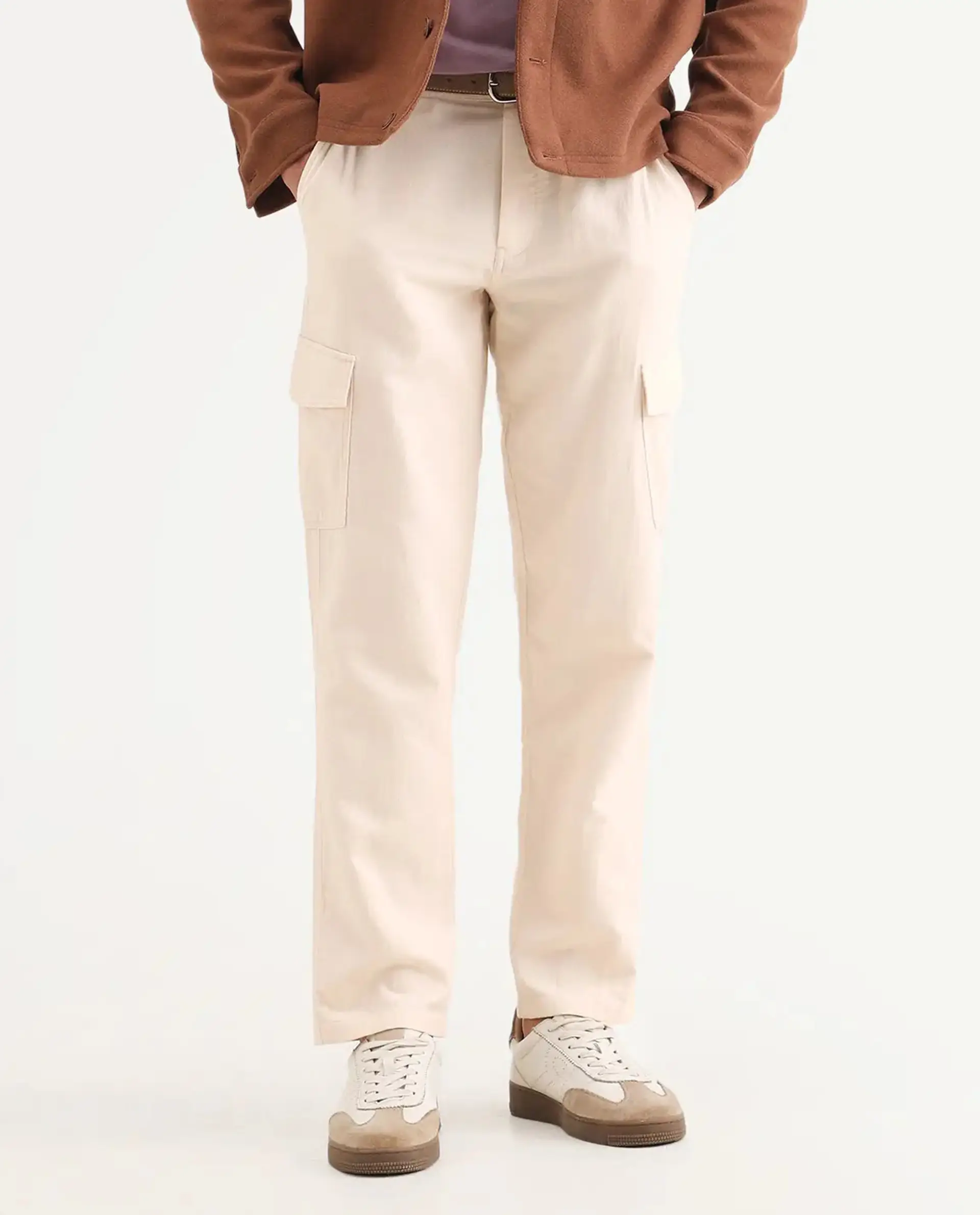 Rare Rabbit Men's Presso-Ss26 Light Beige Cotton Fabric Regular Fit Plain Cargo Trouser - Image 9