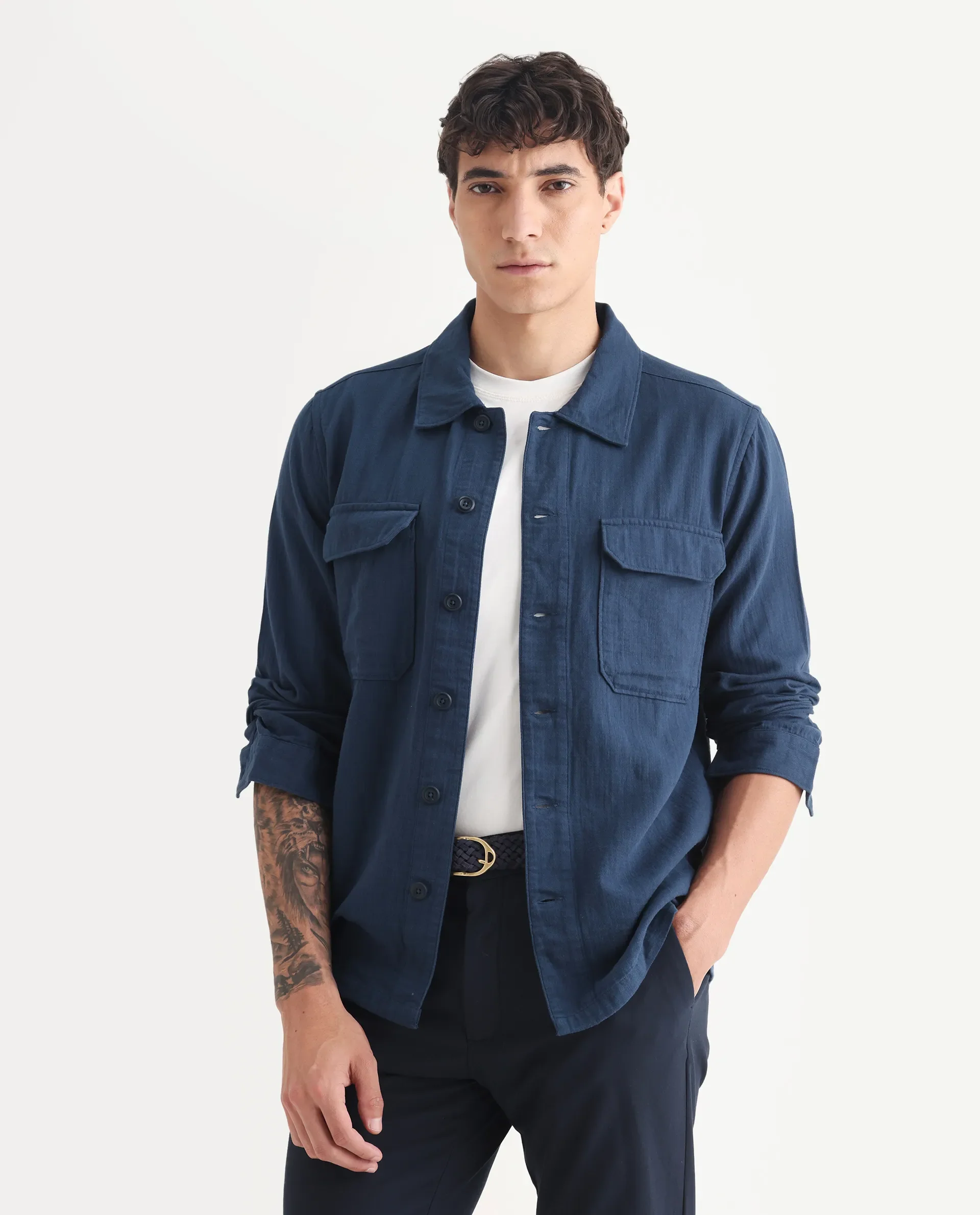 Rare Rabbit Men's Prest-25 Dusky Blue Cotton Plain Regular Fit Full Sleeve Collared Shacket