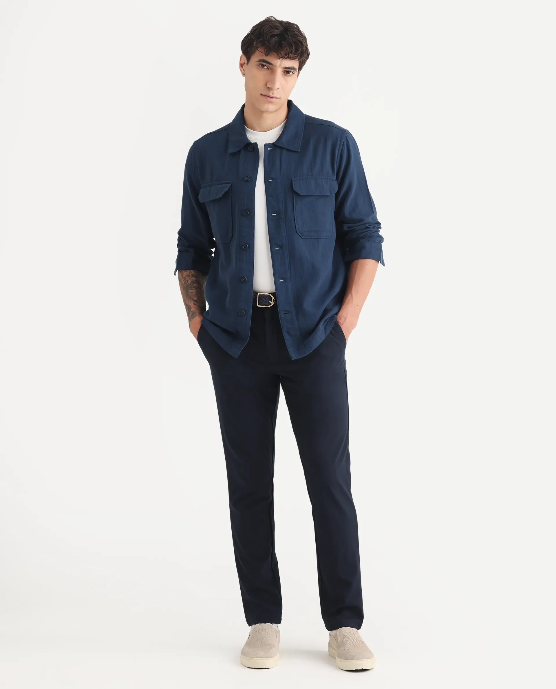 Rare Rabbit Men's Prest-25 Dusky Blue Cotton Plain Regular Fit Full Sleeve Collared Shacket - Image 2