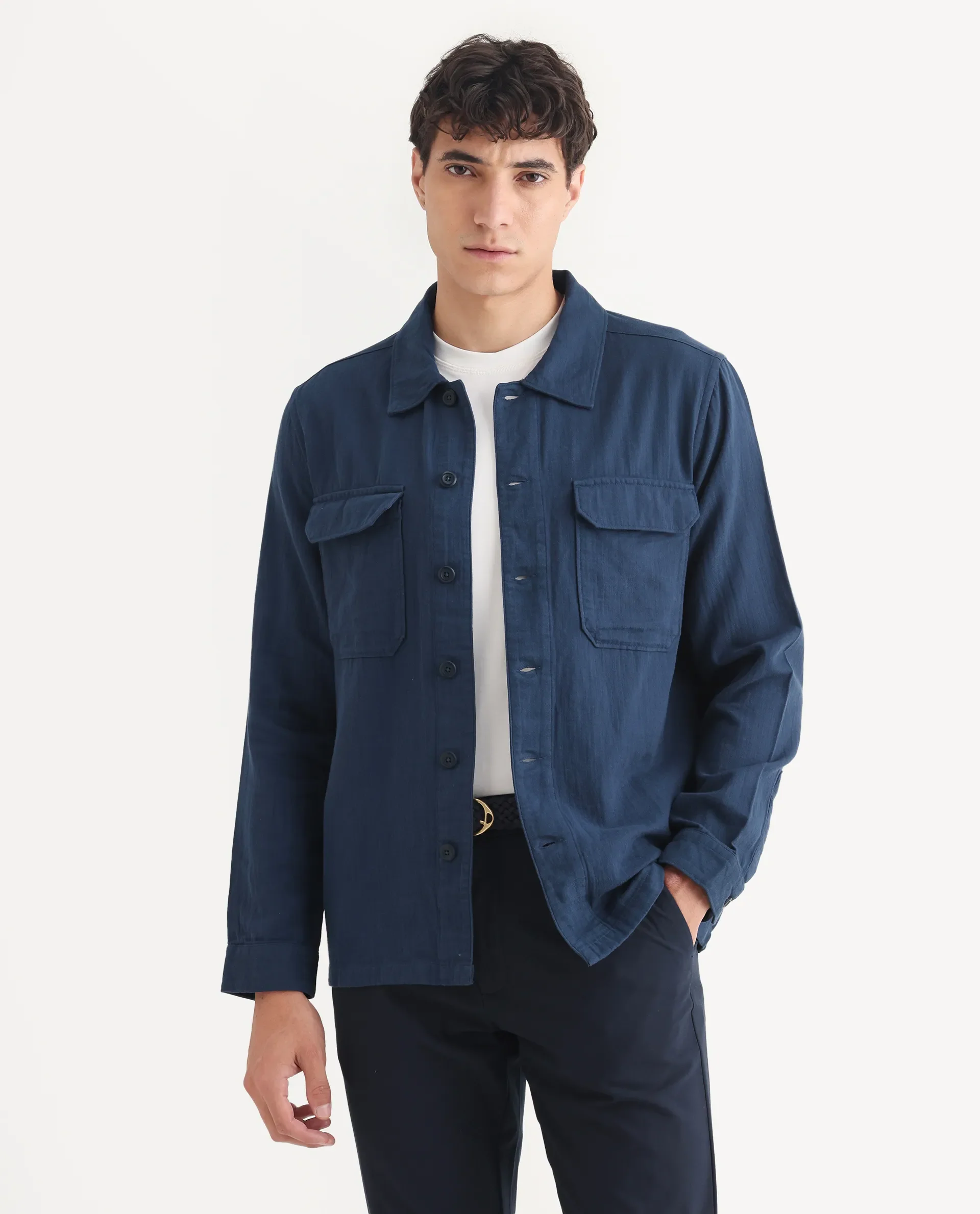 Rare Rabbit Men's Prest-25 Dusky Blue Cotton Plain Regular Fit Full Sleeve Collared Shacket - Image 3