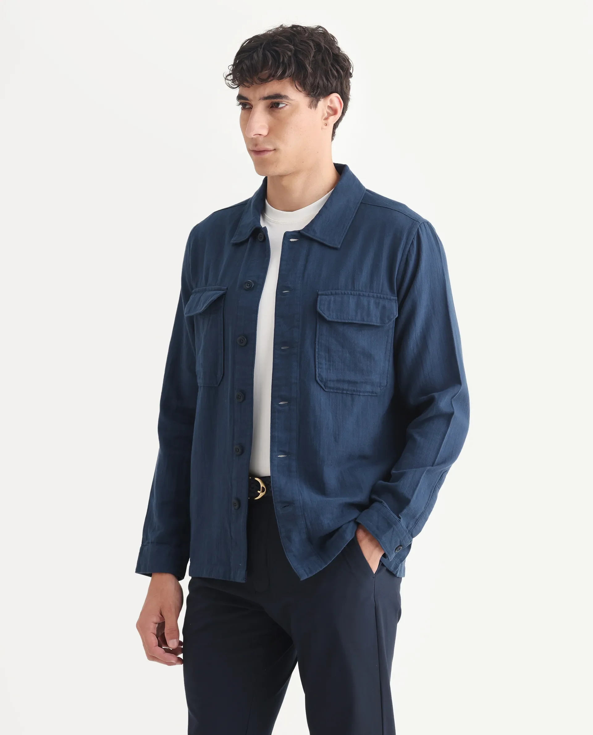 Rare Rabbit Men's Prest-25 Dusky Blue Cotton Plain Regular Fit Full Sleeve Collared Shacket - Image 5