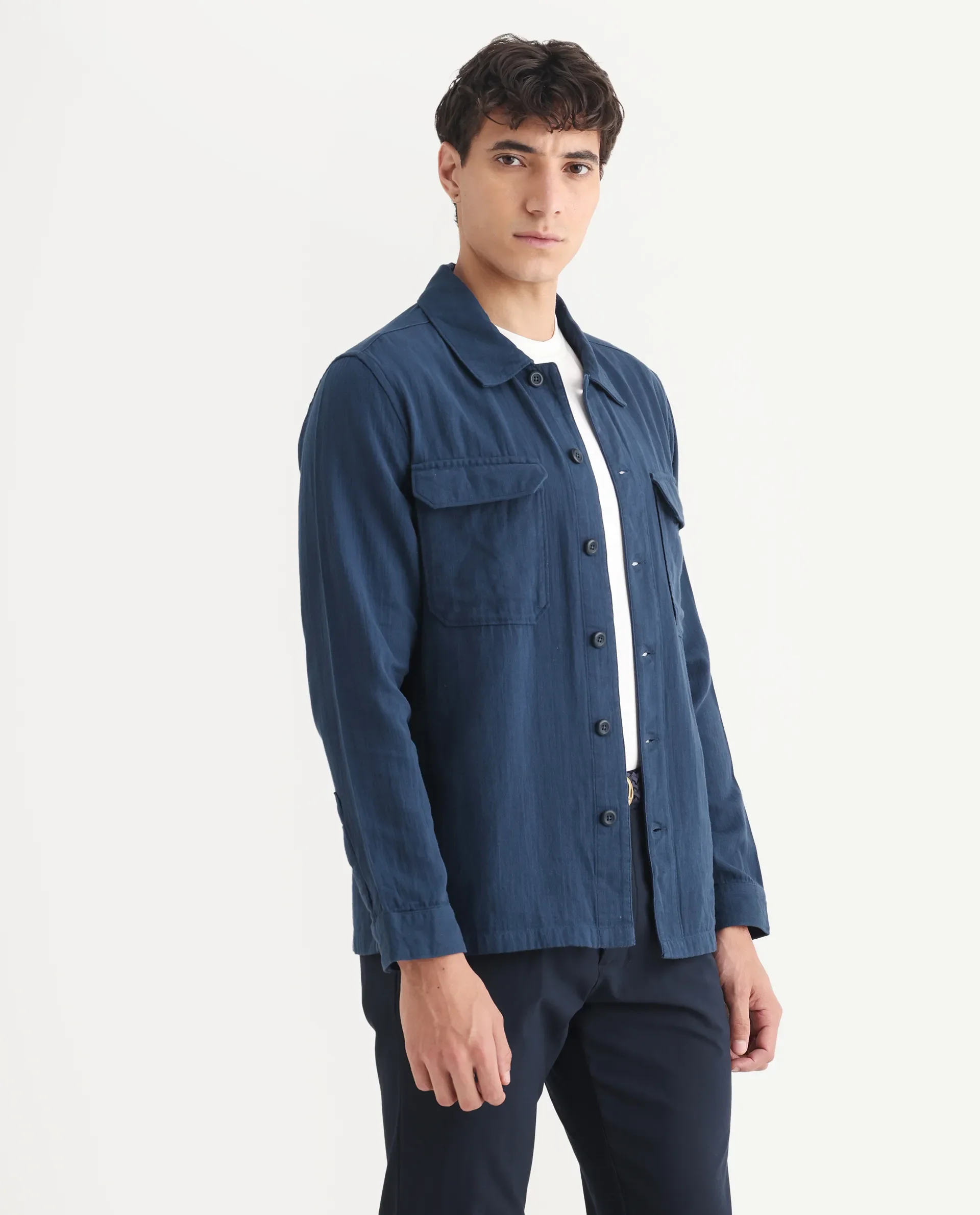 Rare Rabbit Men's Prest-25 Dusky Blue Cotton Plain Regular Fit Full Sleeve Collared Shacket - Image 6