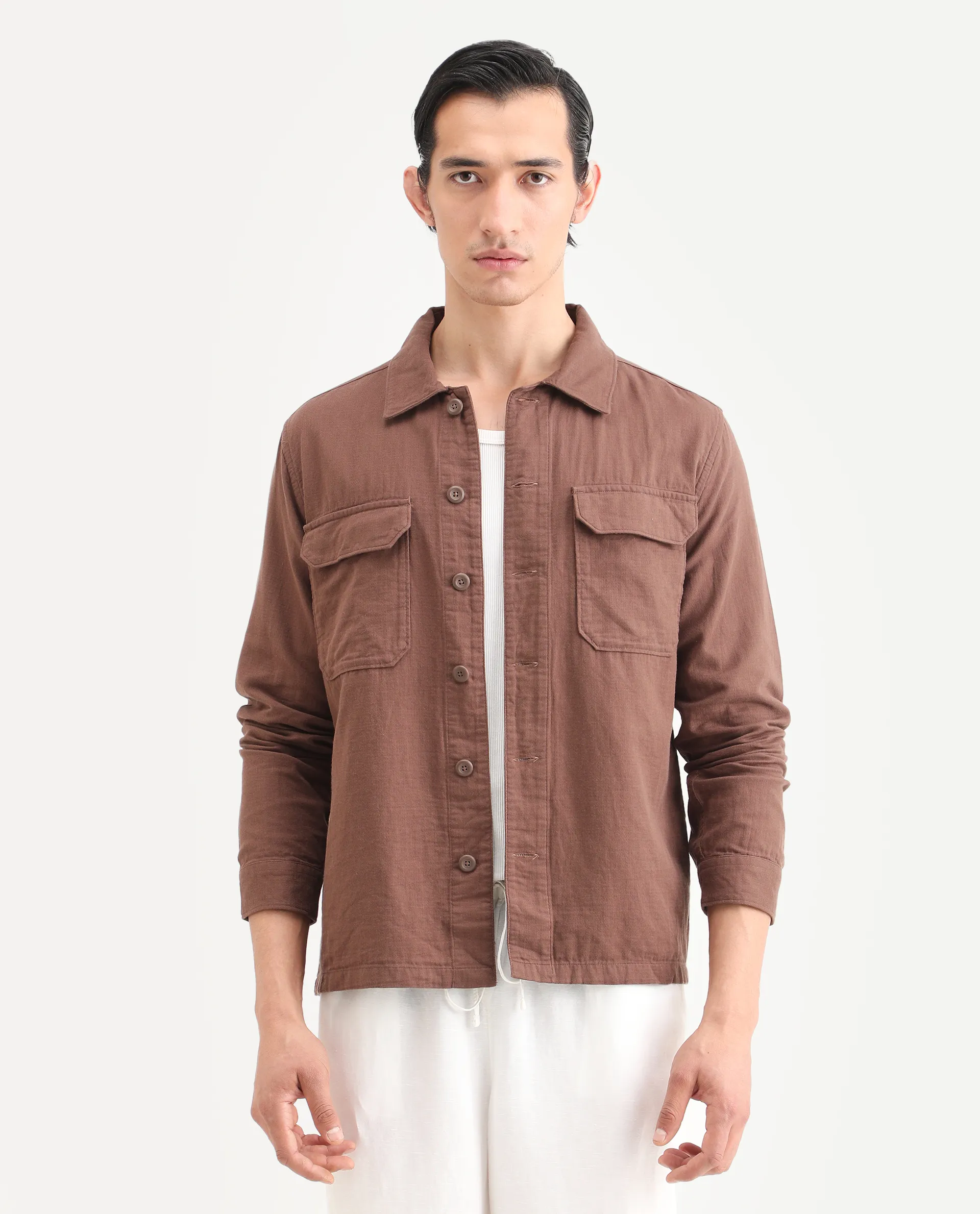 Rare Rabbit Men's Prest-25 Dusky Brown Cotton Plain Regular Fit Full Sleeve Collared Shacket - Image 3