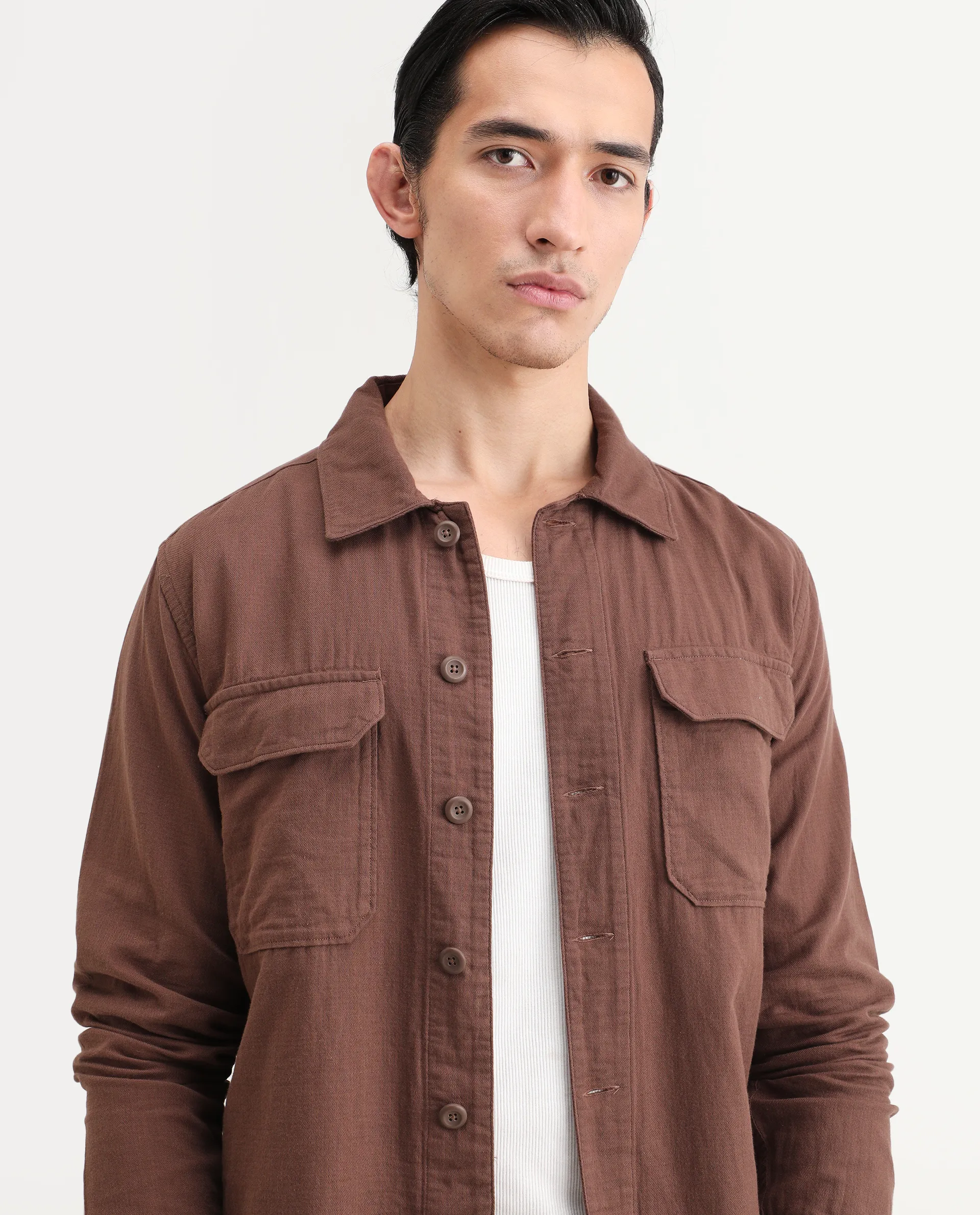 Rare Rabbit Men's Prest-25 Dusky Brown Cotton Plain Regular Fit Full Sleeve Collared Shacket - Image 4