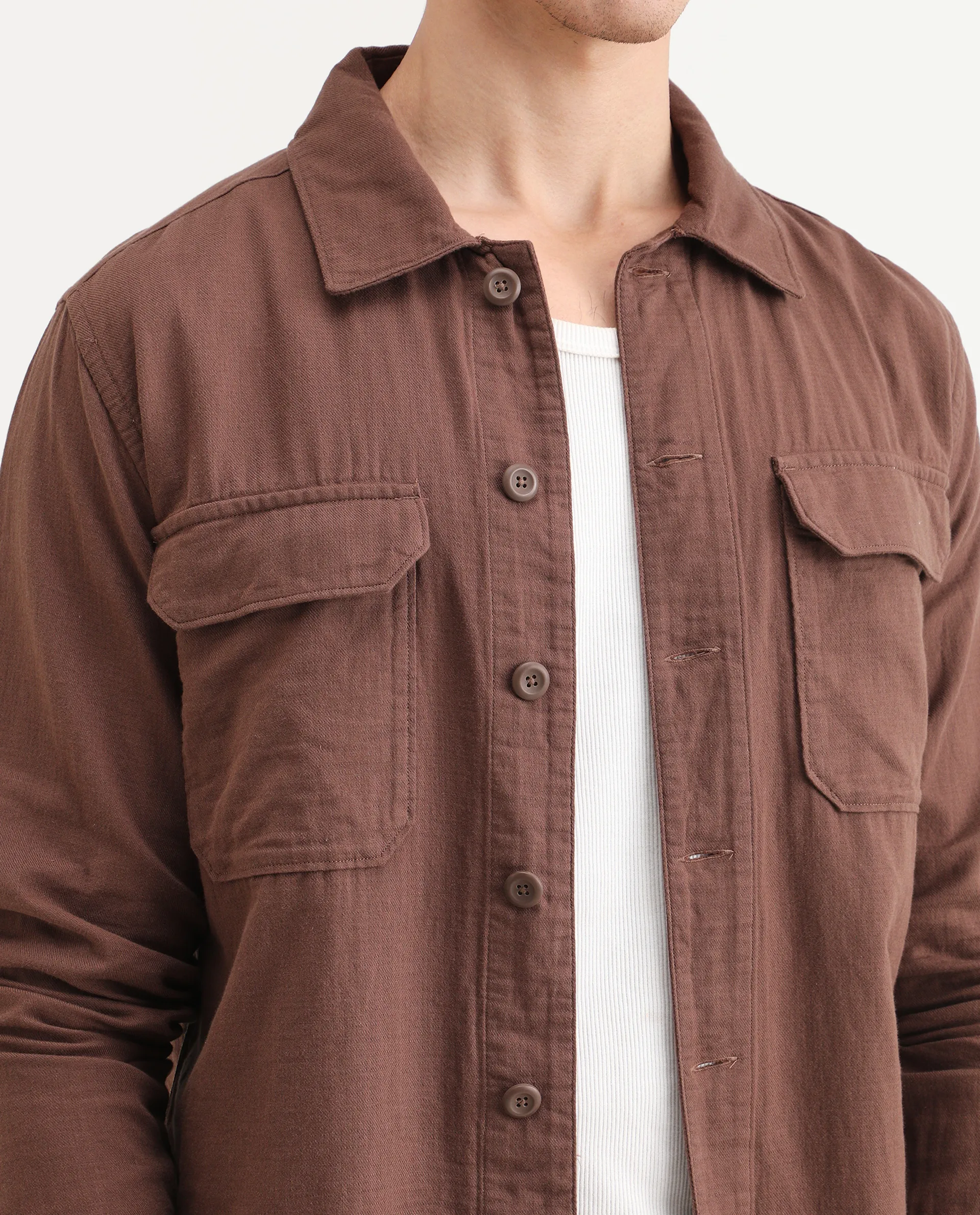 Rare Rabbit Men's Prest-25 Dusky Brown Cotton Plain Regular Fit Full Sleeve Collared Shacket - Image 5