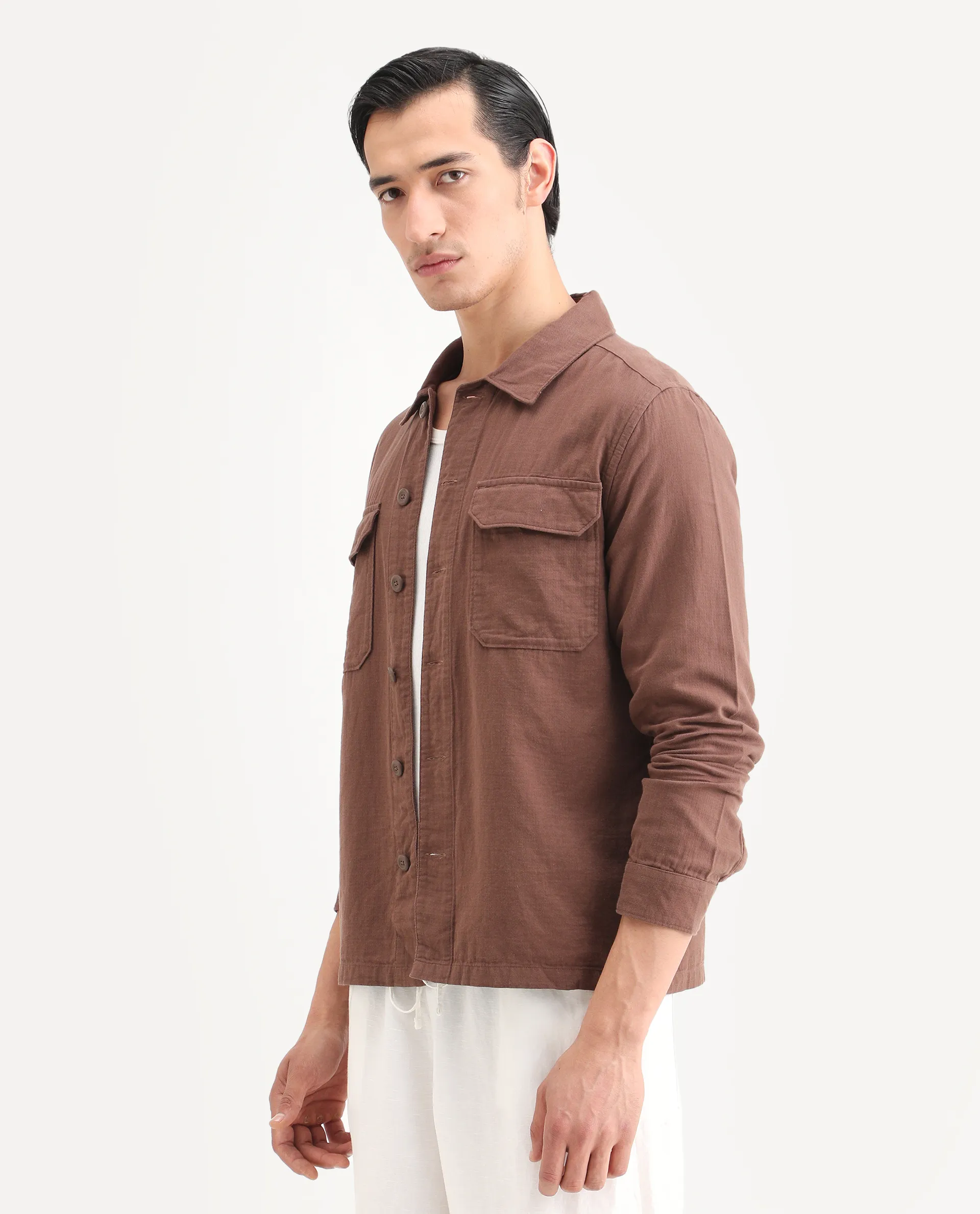 Rare Rabbit Men's Prest-25 Dusky Brown Cotton Plain Regular Fit Full Sleeve Collared Shacket - Image 6