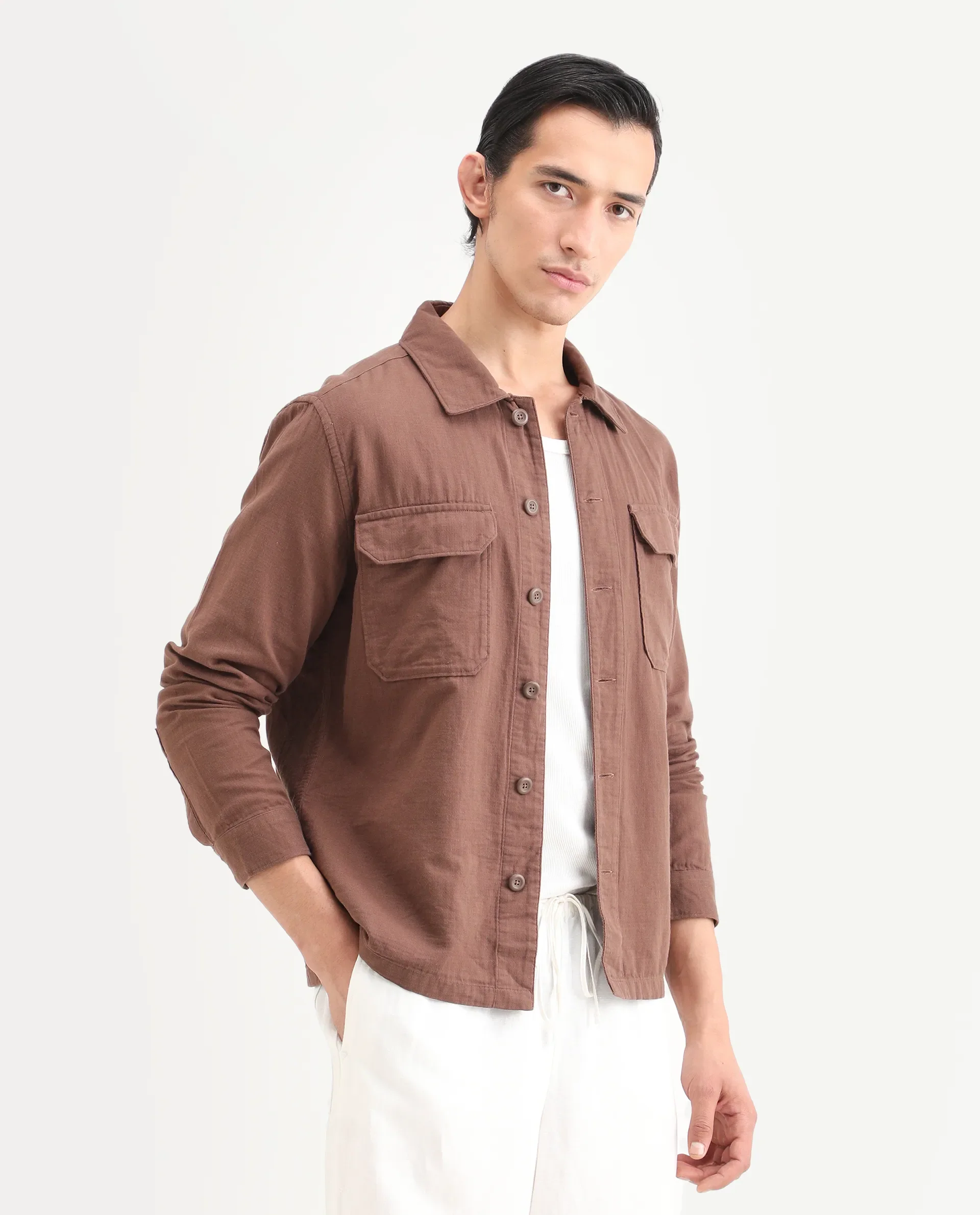 Rare Rabbit Men's Prest-25 Dusky Brown Cotton Plain Regular Fit Full Sleeve Collared Shacket - Image 7