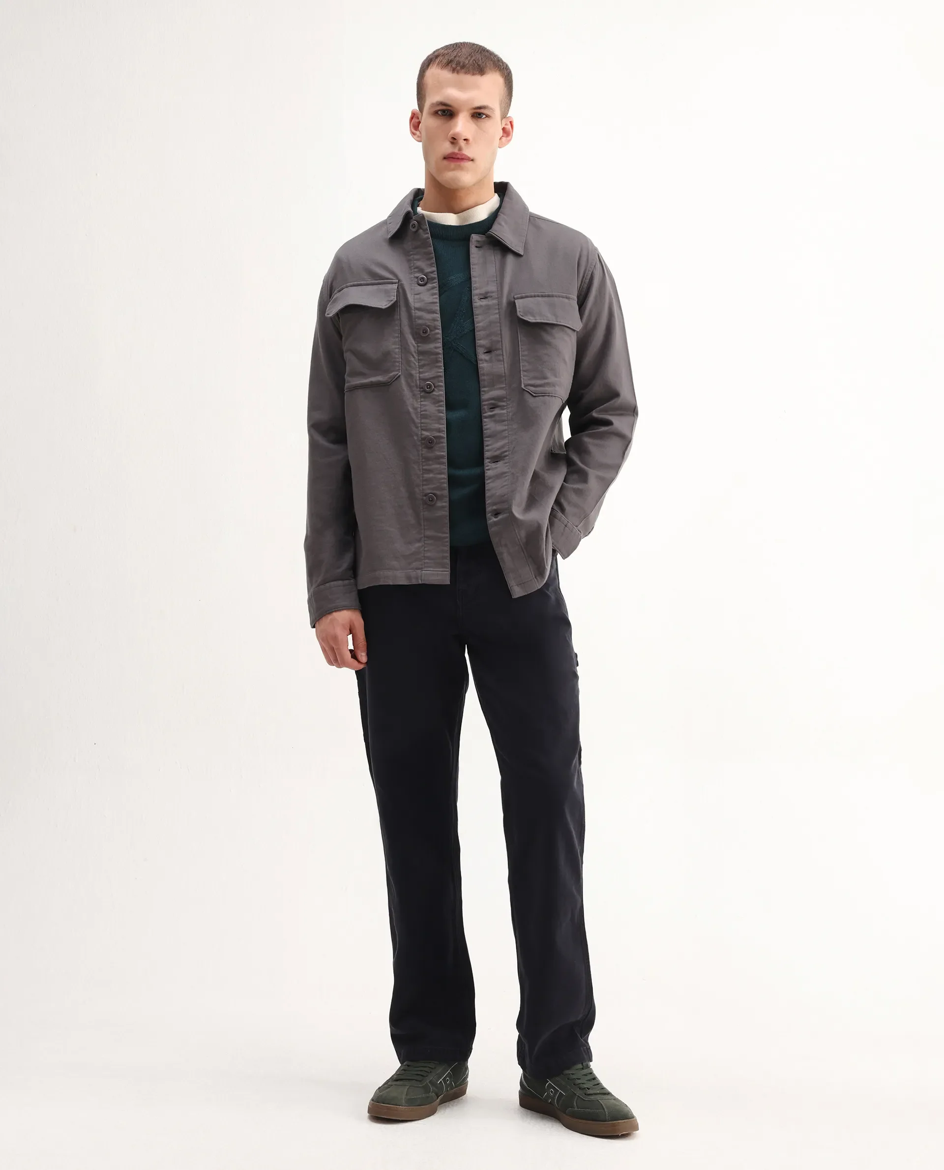 Rare Rabbit Men's Prest-26 Grey Cotton Plain Regular Fit Full Sleeve Collared Shaket - Image 2