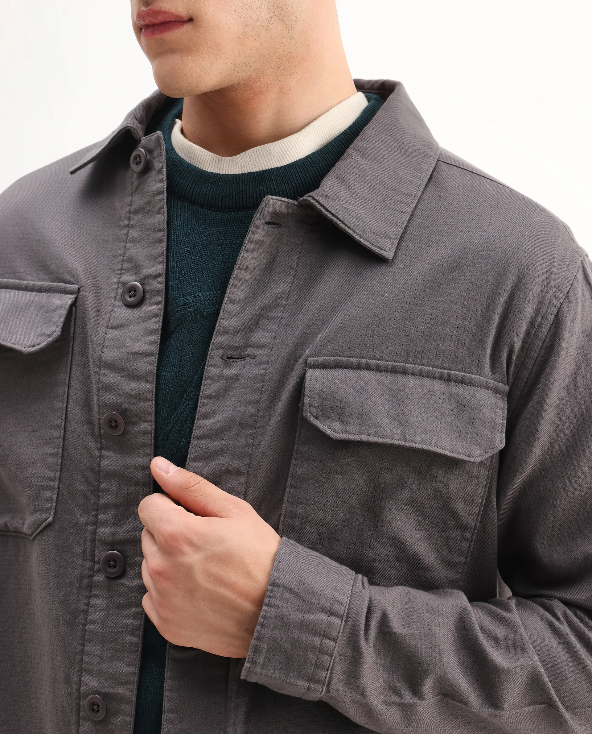 Rare Rabbit Men's Prest-26 Grey Cotton Plain Regular Fit Full Sleeve Collared Shaket - Image 3