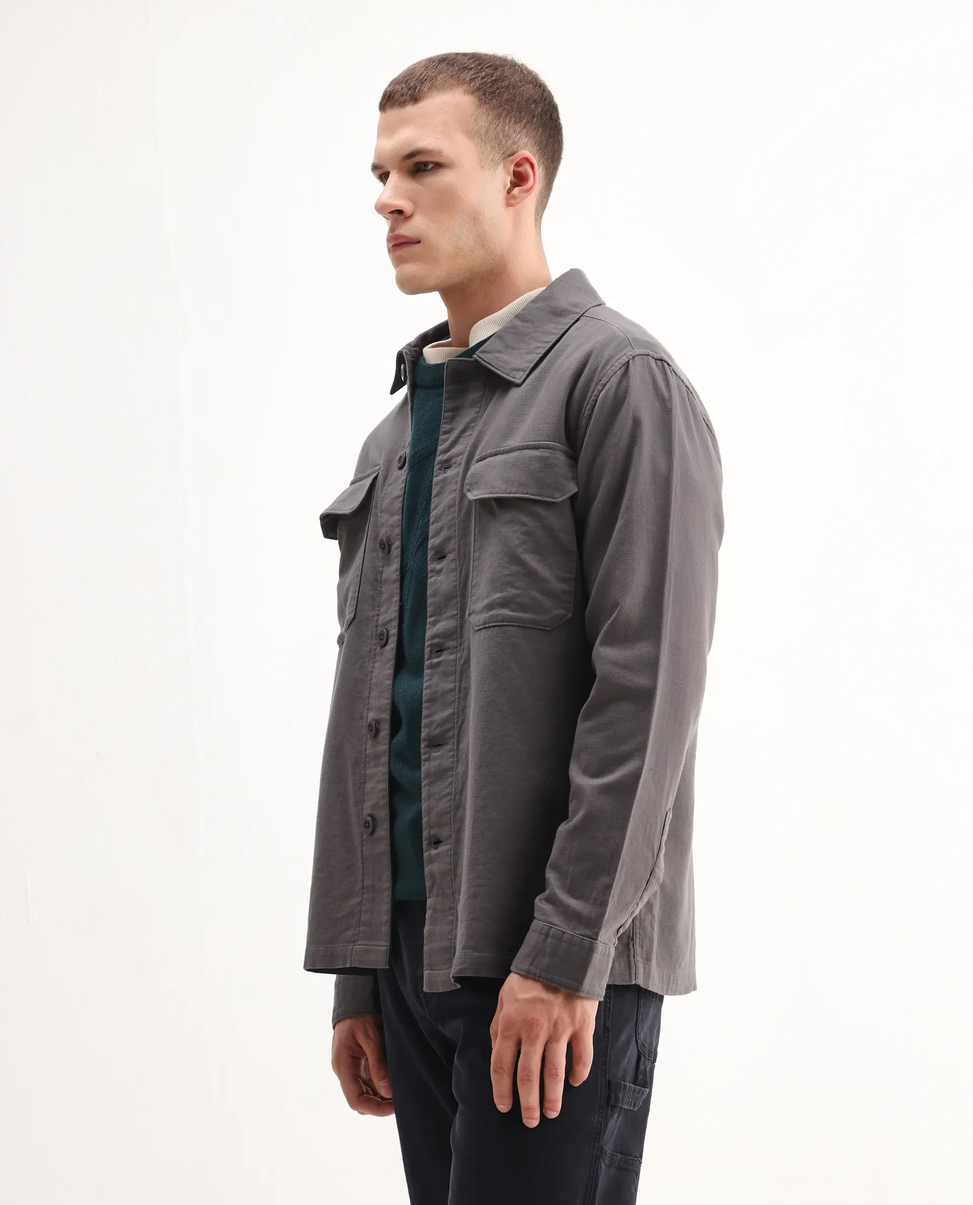 Rare Rabbit Men's Prest-26 Grey Cotton Plain Regular Fit Full Sleeve Collared Shaket - Image 4