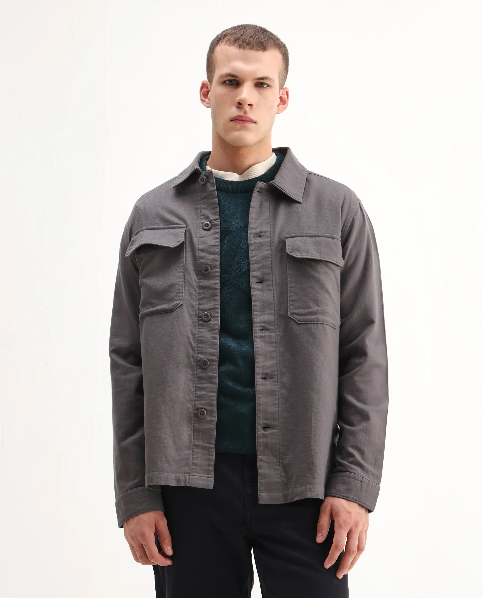 Rare Rabbit Men's Prest-26 Grey Cotton Plain Regular Fit Full Sleeve Collared Shaket - Image 5