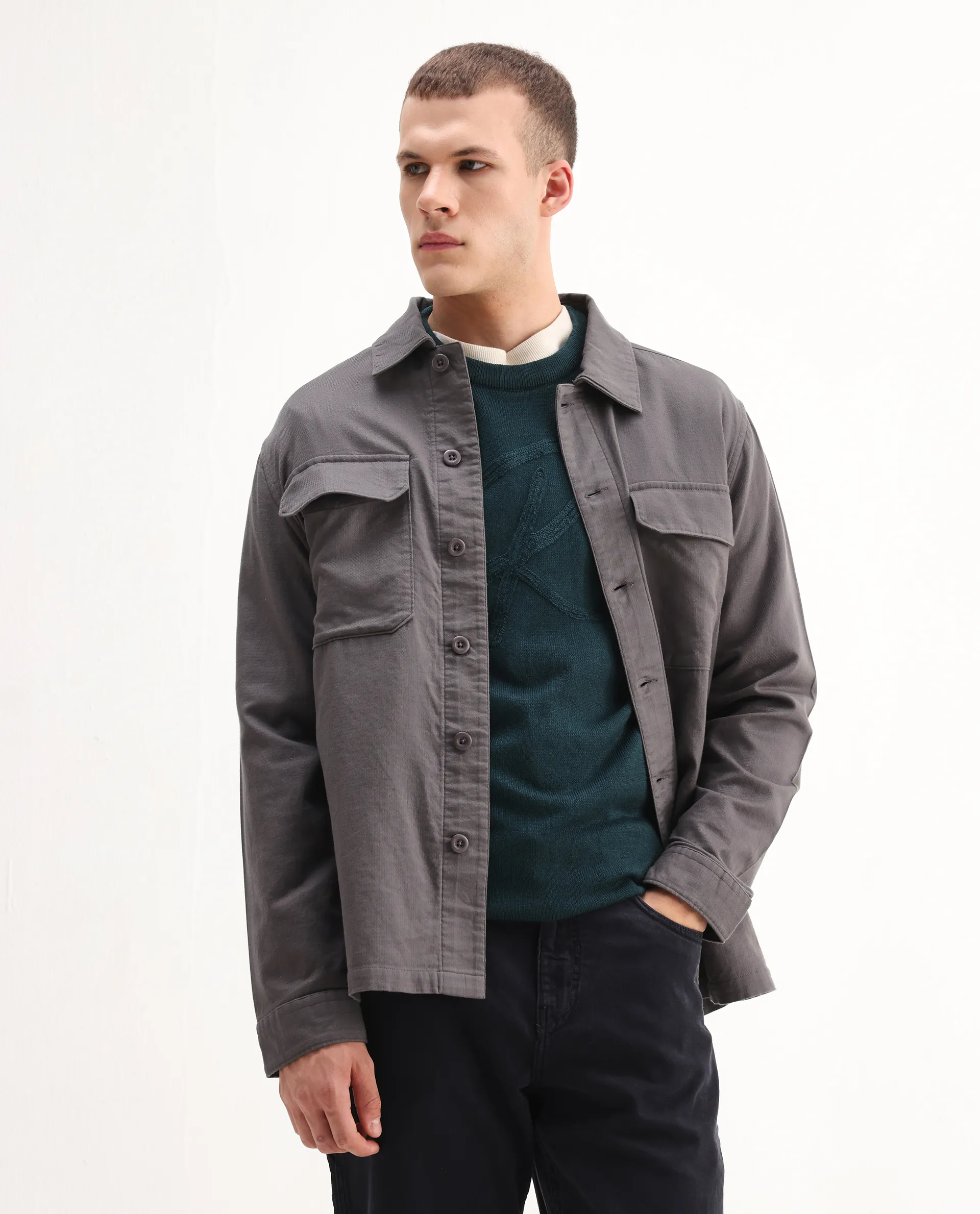 Rare Rabbit Men's Prest-26 Grey Cotton Plain Regular Fit Full Sleeve Collared Shaket - Image 6