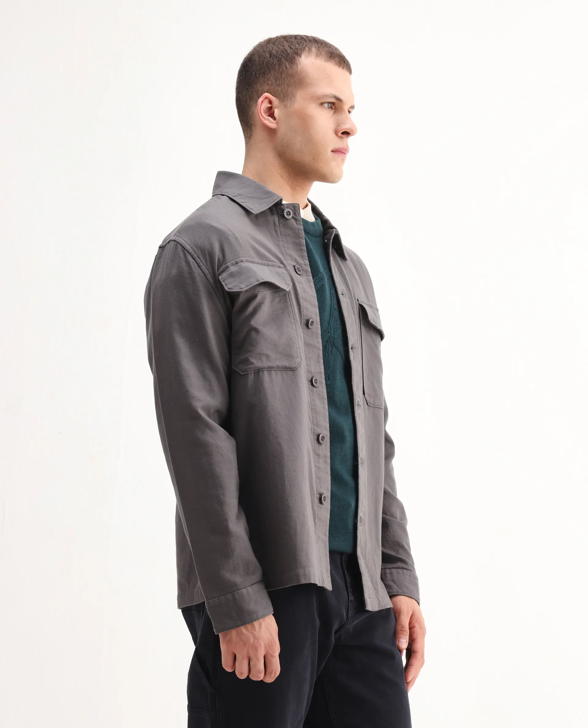 Rare Rabbit Men's Prest-26 Grey Cotton Plain Regular Fit Full Sleeve Collared Shaket - Image 7