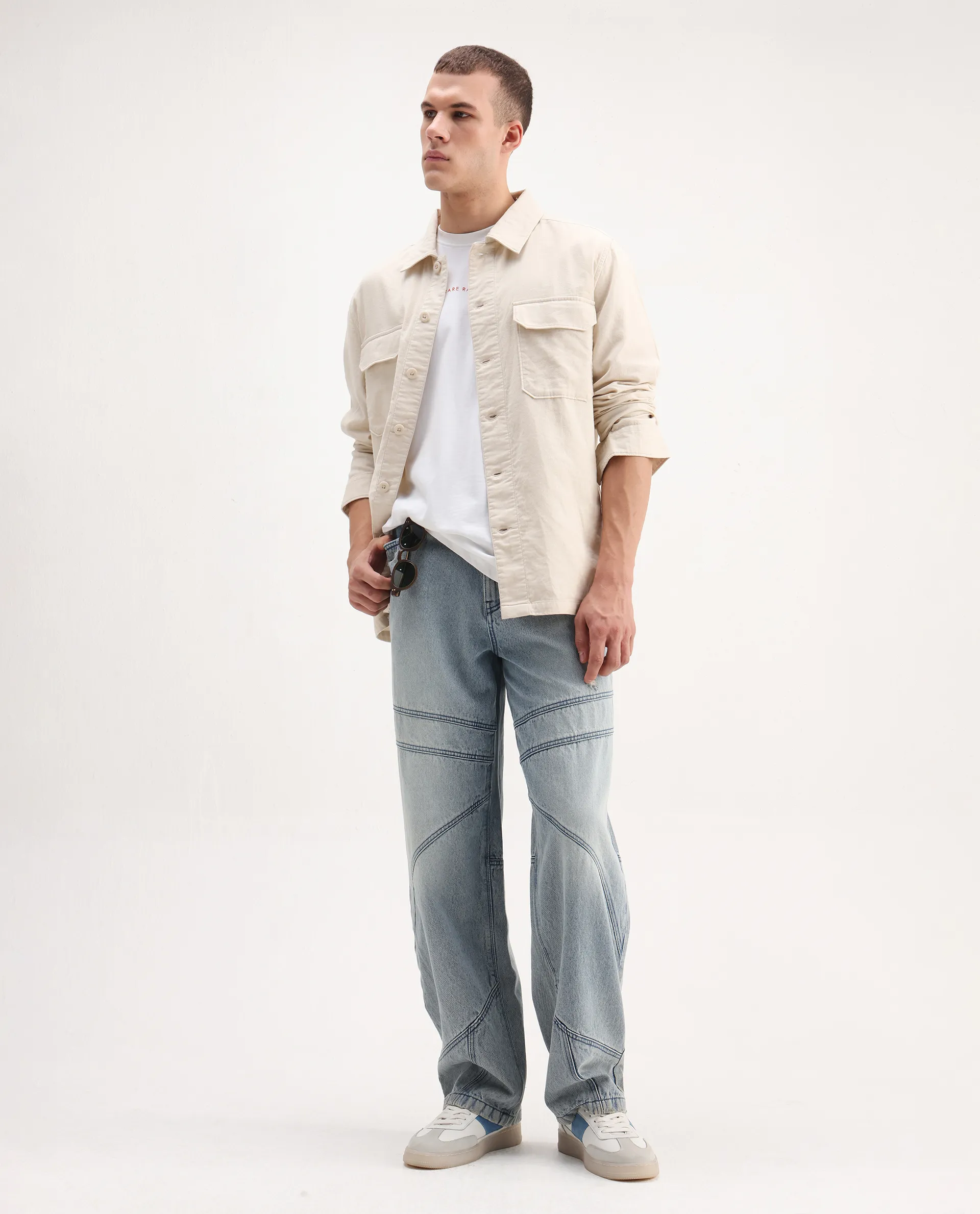 Rare Rabbit Men's Prest-26 Off White Cotton Plain Regular Fit Full Sleeve Collared Shaket - Image 2