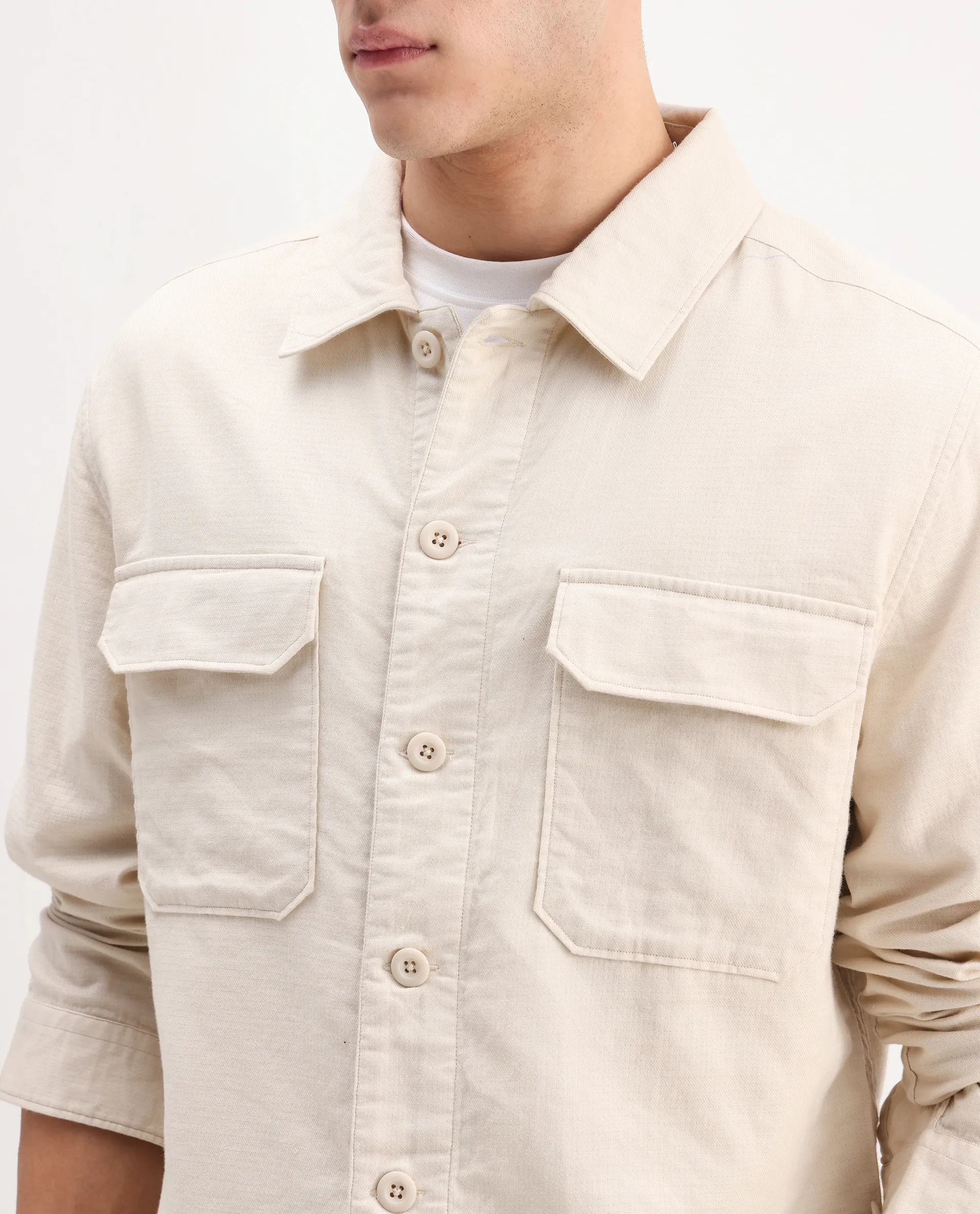 Rare Rabbit Men's Prest-26 Off White Cotton Plain Regular Fit Full Sleeve Collared Shaket - Image 3