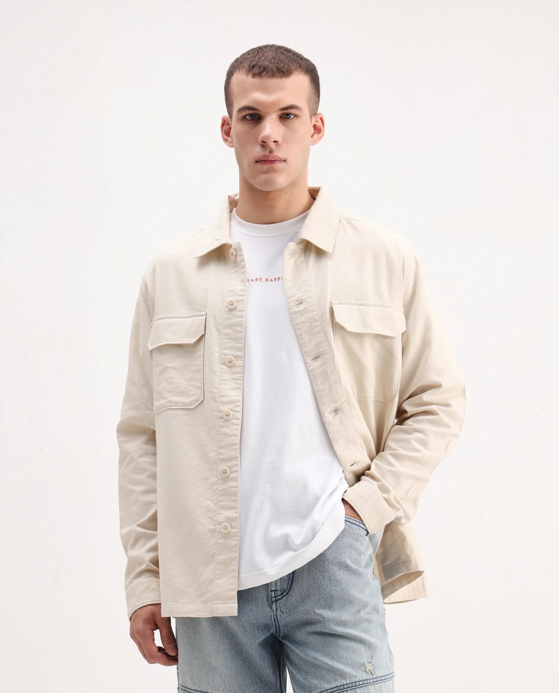 Rare Rabbit Men's Prest-26 Off White Cotton Plain Regular Fit Full Sleeve Collared Shaket - Image 4