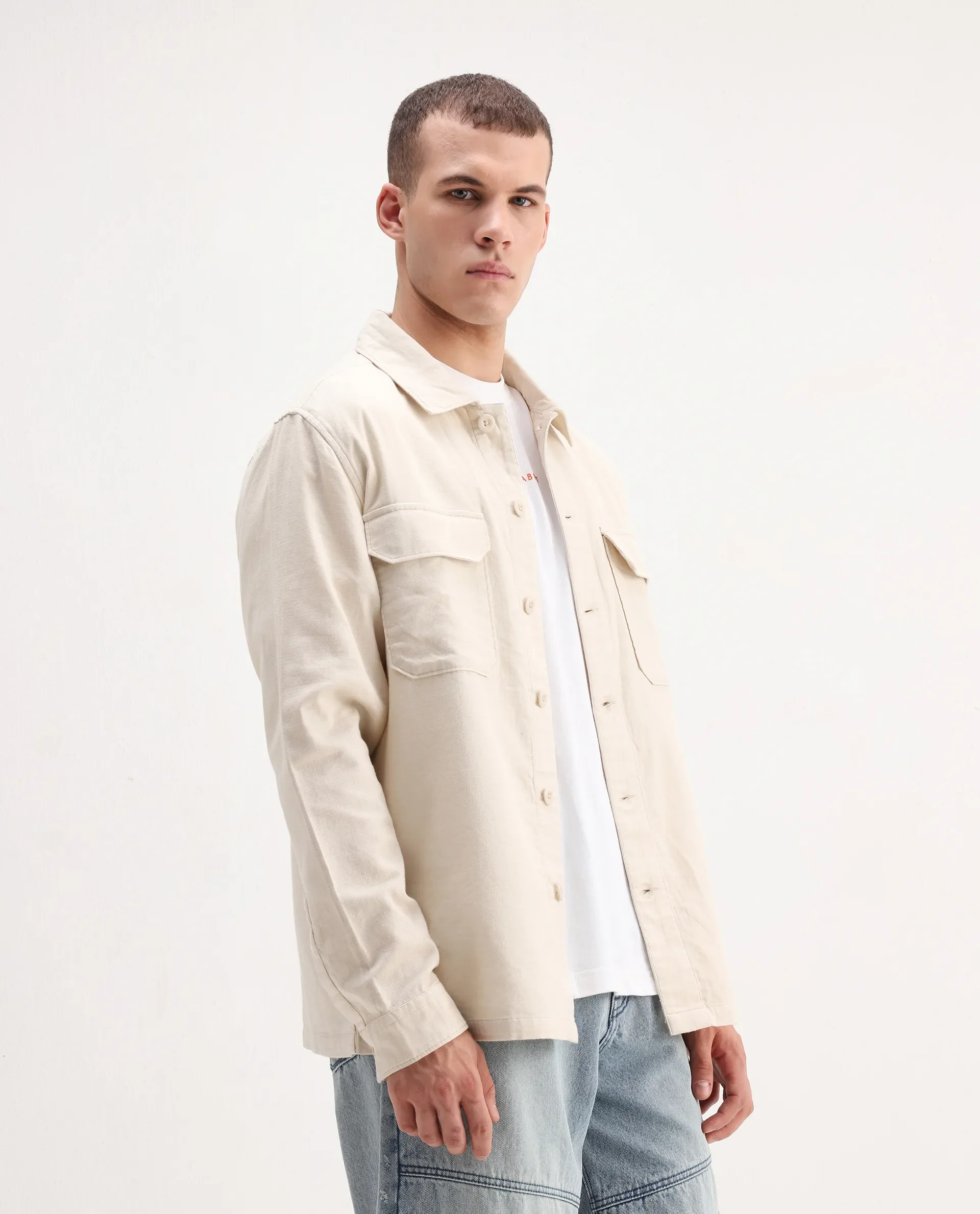 Rare Rabbit Men's Prest-26 Off White Cotton Plain Regular Fit Full Sleeve Collared Shaket - Image 6