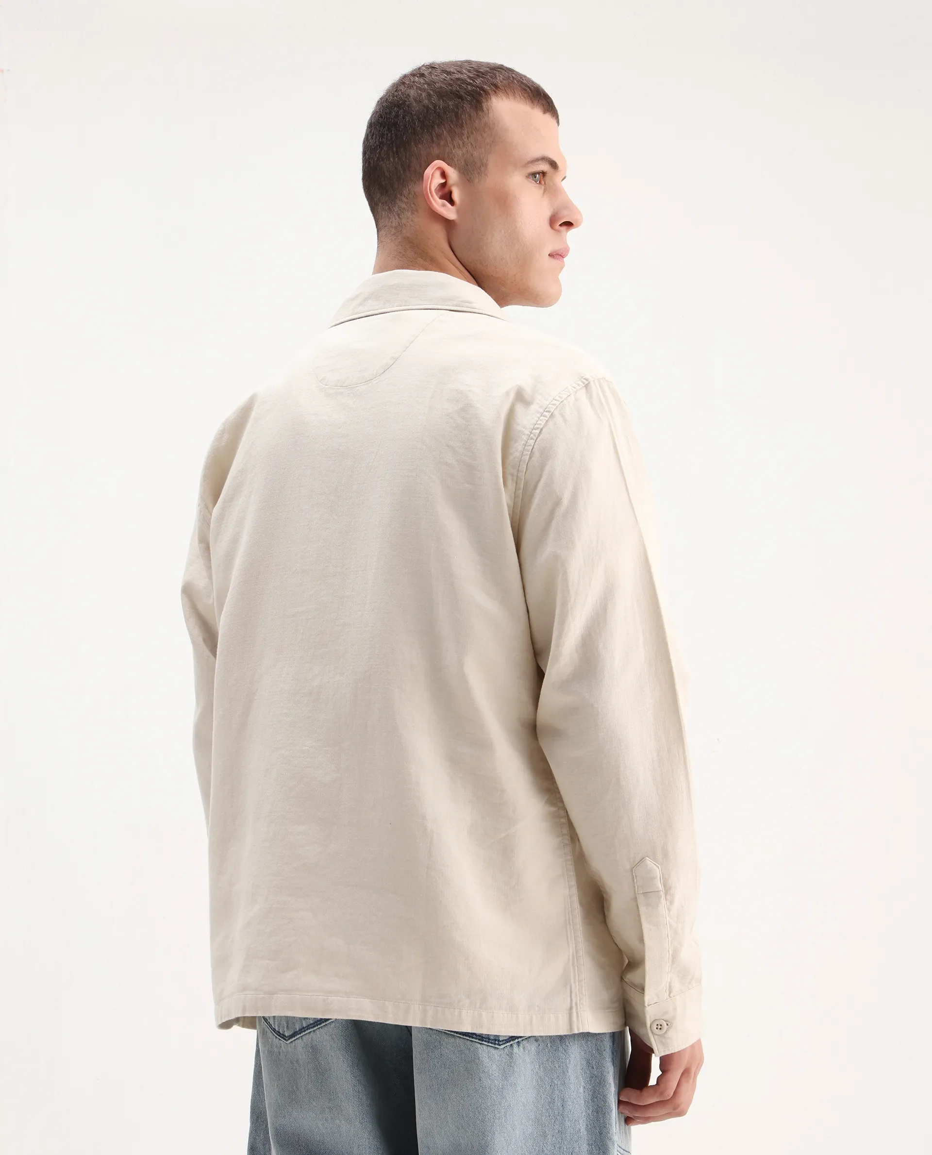 Rare Rabbit Men's Prest-26 Off White Cotton Plain Regular Fit Full Sleeve Collared Shaket - Image 7