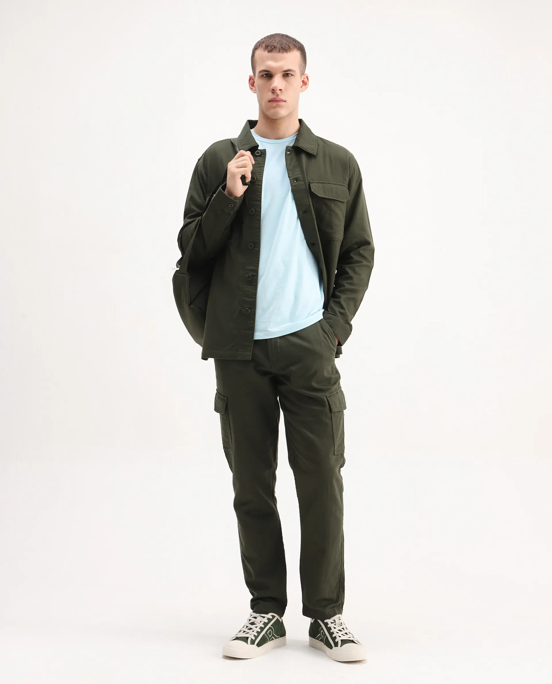 Rare Rabbit Men's Prest-26 Olive Cotton Plain Regular Fit Full Sleeve Collared Shaket - Image 2