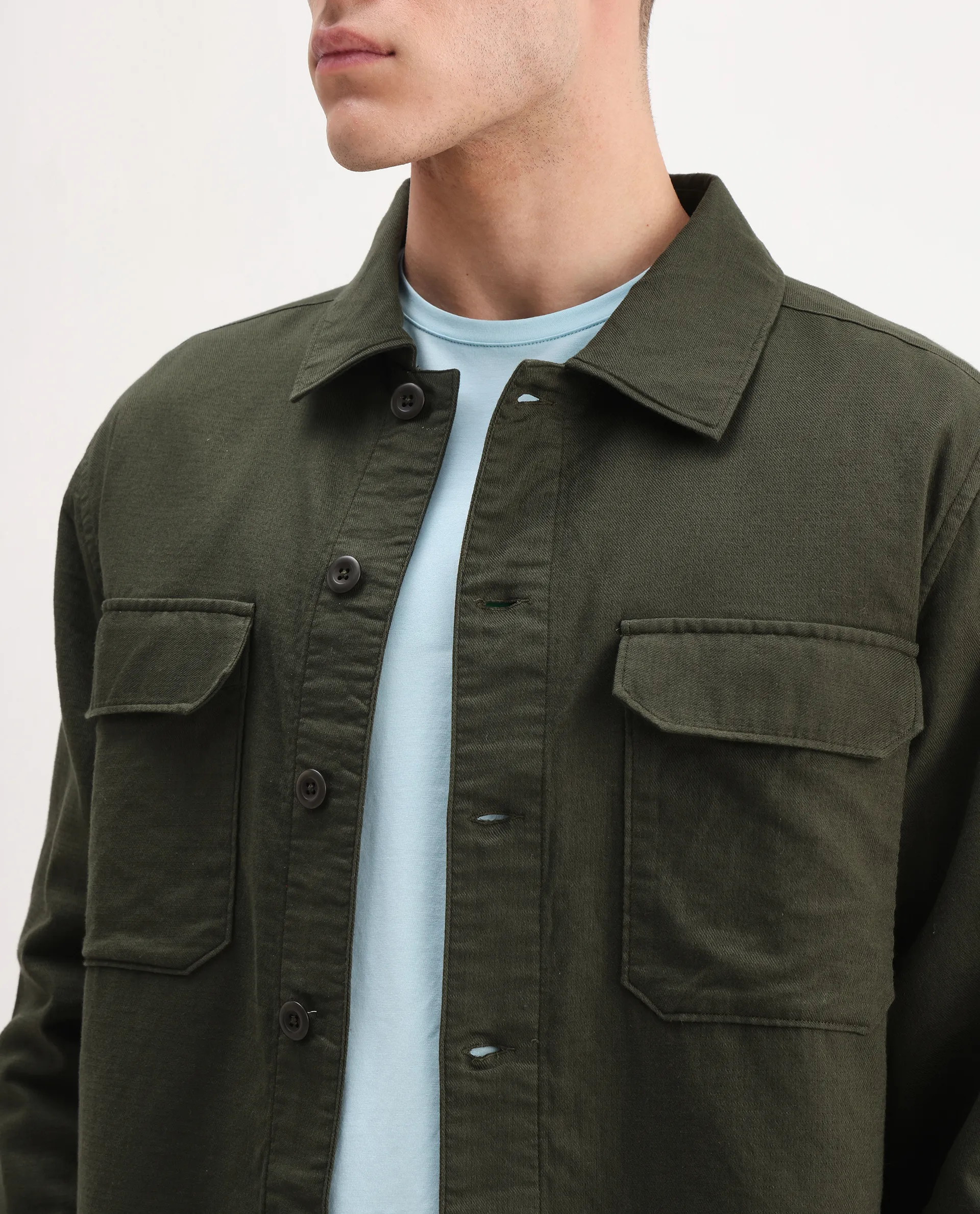 Rare Rabbit Men's Prest-26 Olive Cotton Plain Regular Fit Full Sleeve Collared Shaket - Image 3