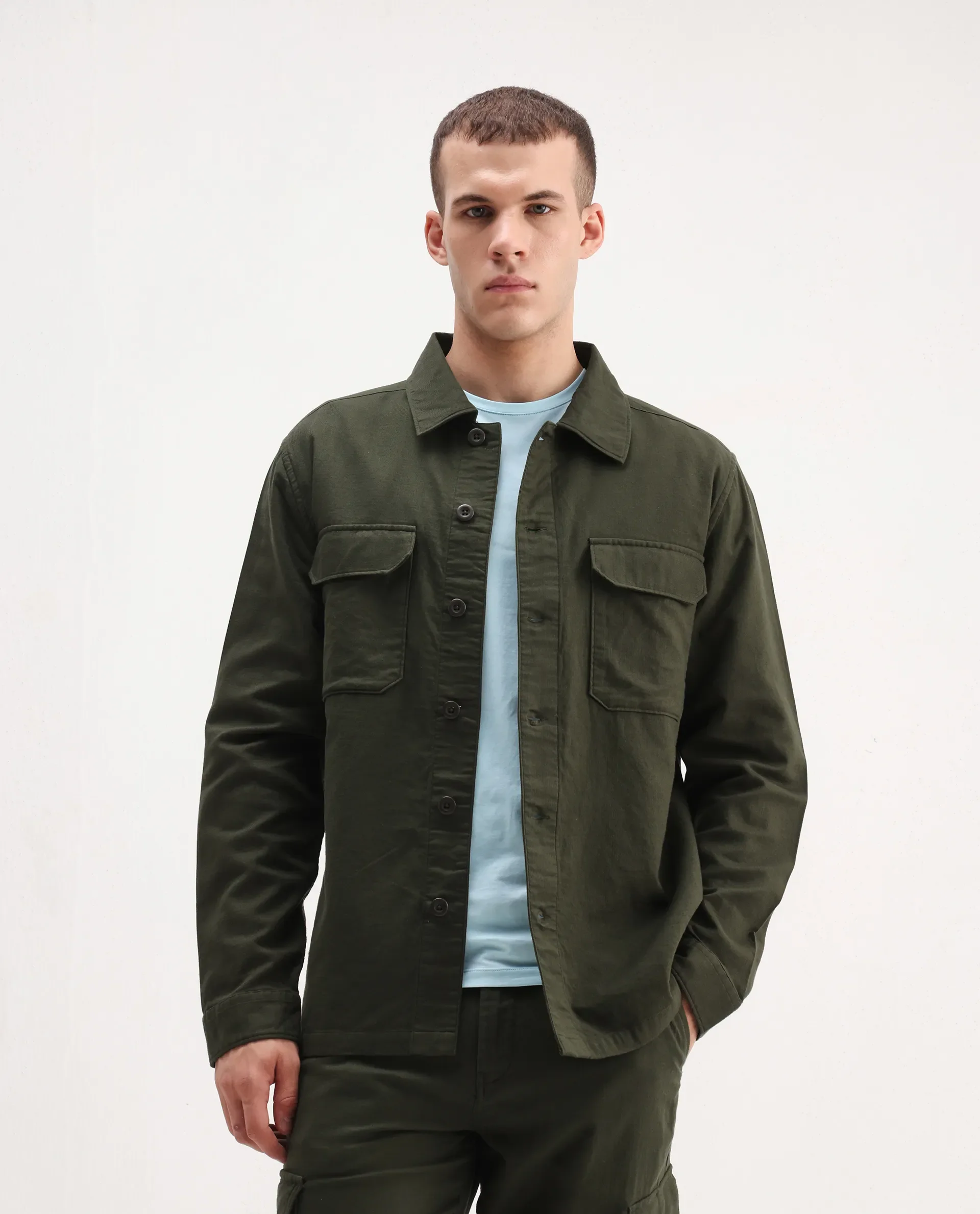Rare Rabbit Men's Prest-26 Olive Cotton Plain Regular Fit Full Sleeve Collared Shaket - Image 4