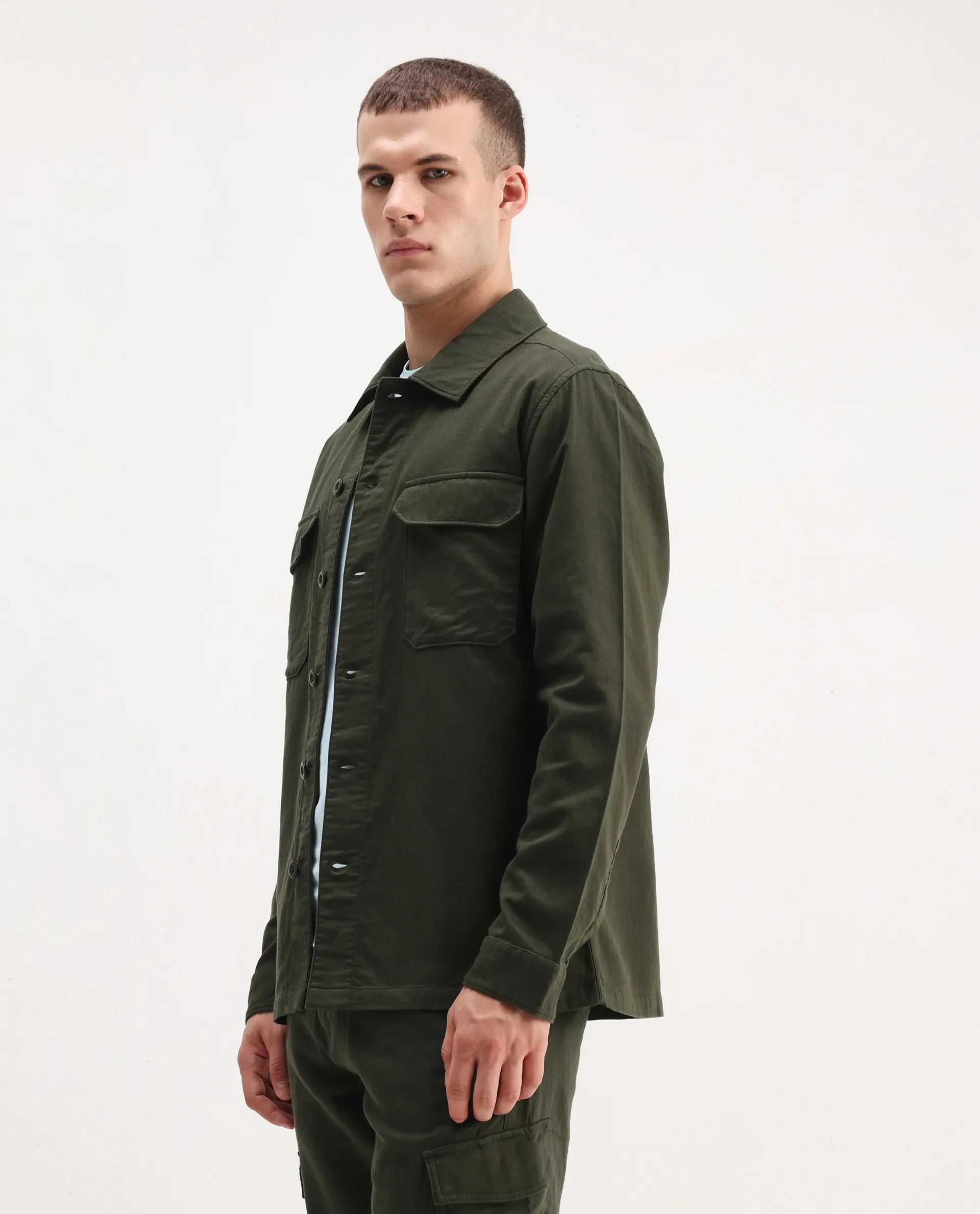 Rare Rabbit Men's Prest-26 Olive Cotton Plain Regular Fit Full Sleeve Collared Shaket - Image 5
