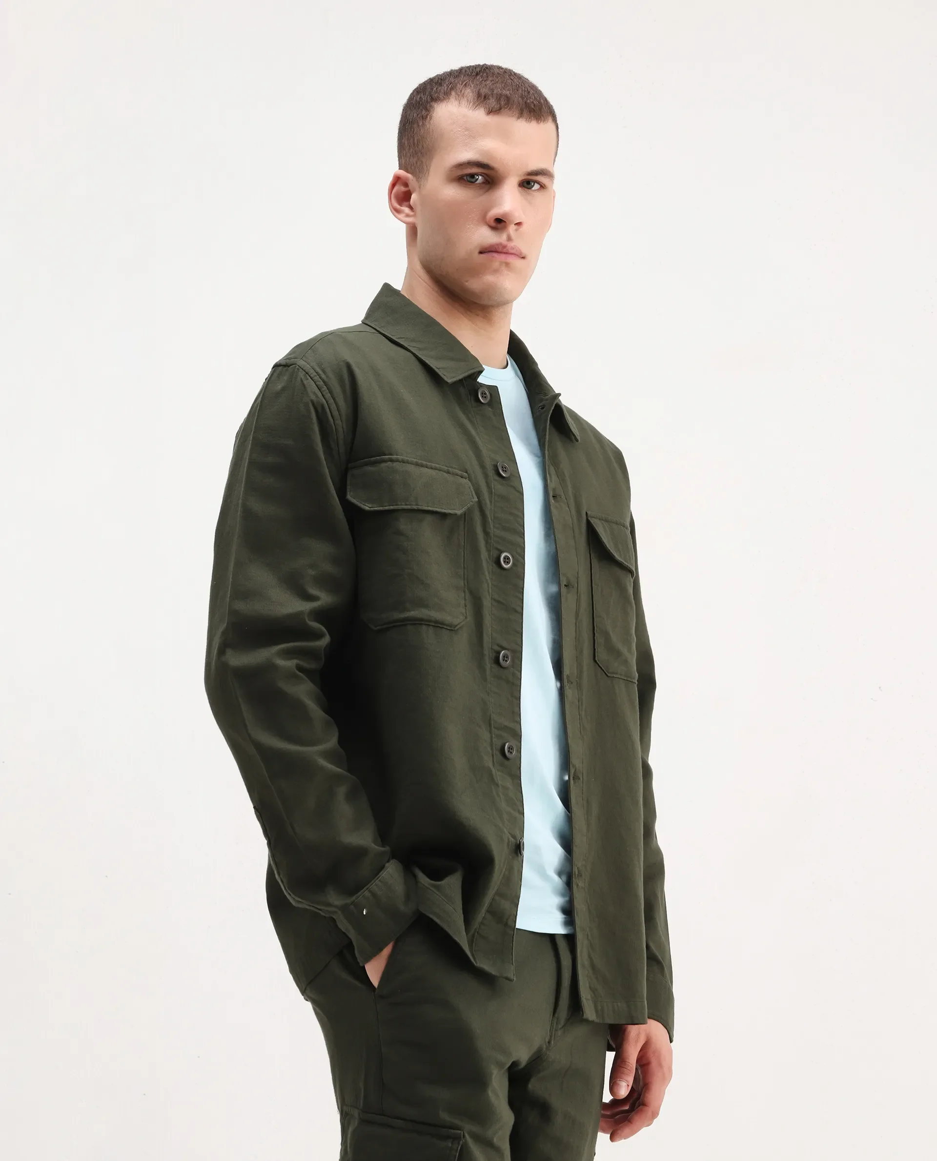 Rare Rabbit Men's Prest-26 Olive Cotton Plain Regular Fit Full Sleeve Collared Shaket - Image 6