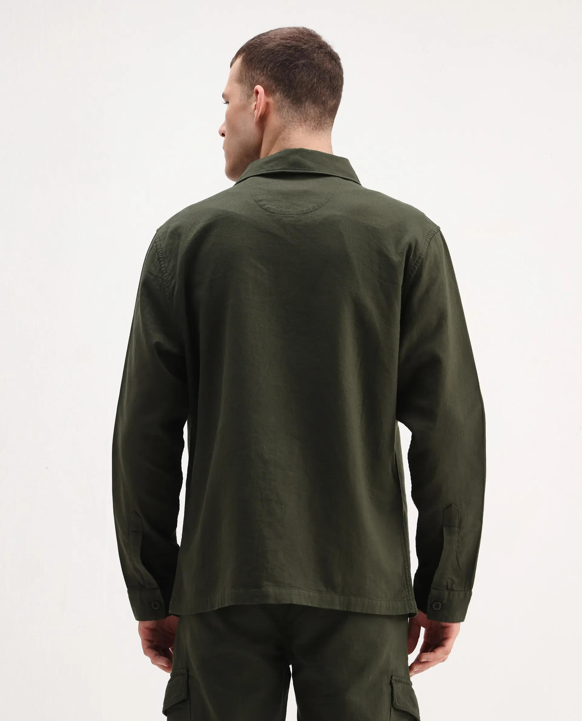 Rare Rabbit Men's Prest-26 Olive Cotton Plain Regular Fit Full Sleeve Collared Shaket - Image 7