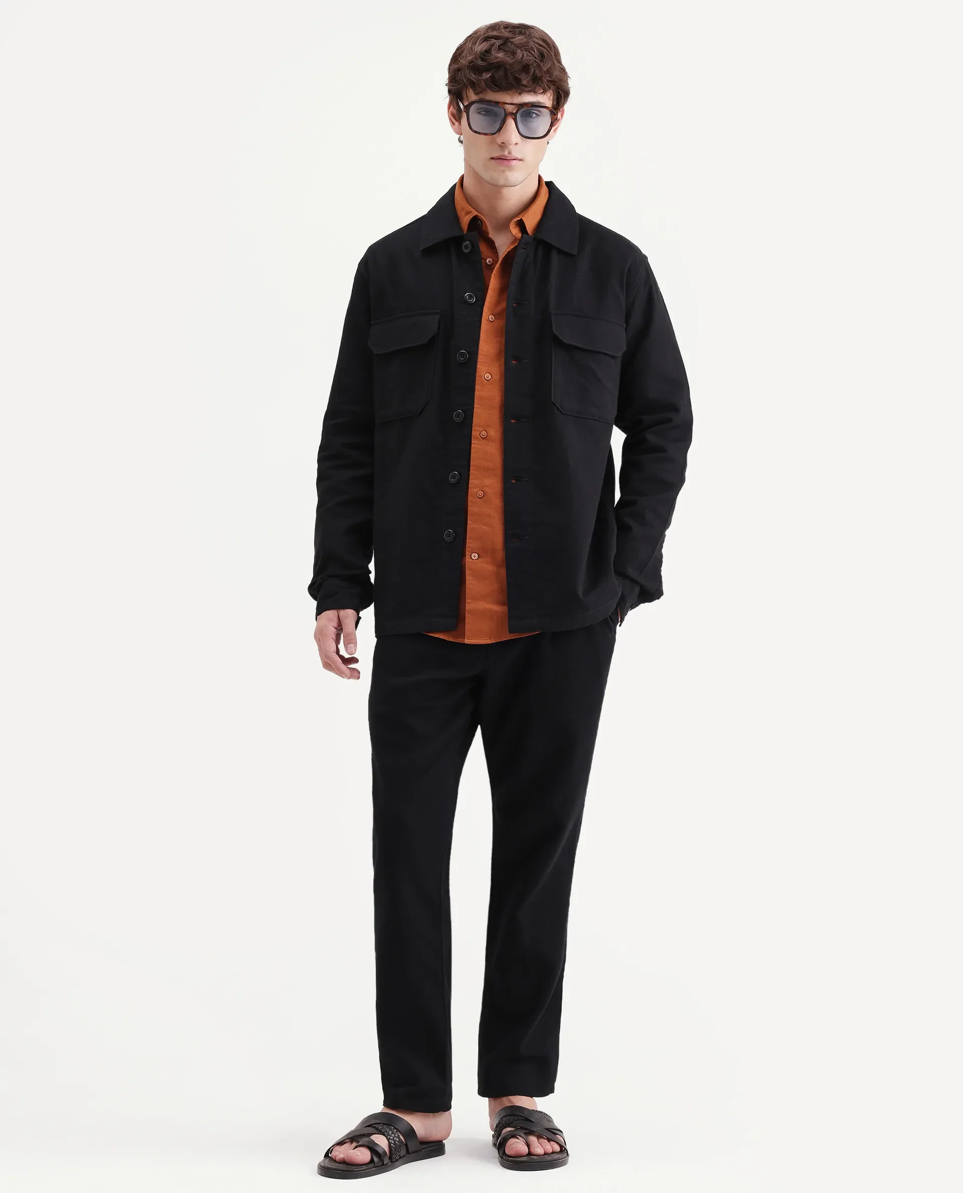 Rare Rabbit Men's Prest-Aw26 Black Cotton Spread Collar Button Relaxed Plain Shacket - Image 2