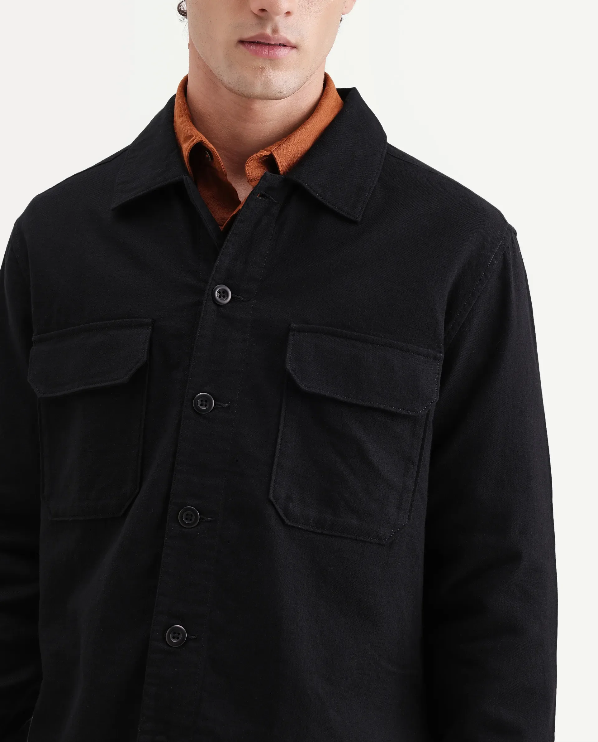 Rare Rabbit Men's Prest-Aw26 Black Cotton Spread Collar Button Relaxed Plain Shacket - Image 3