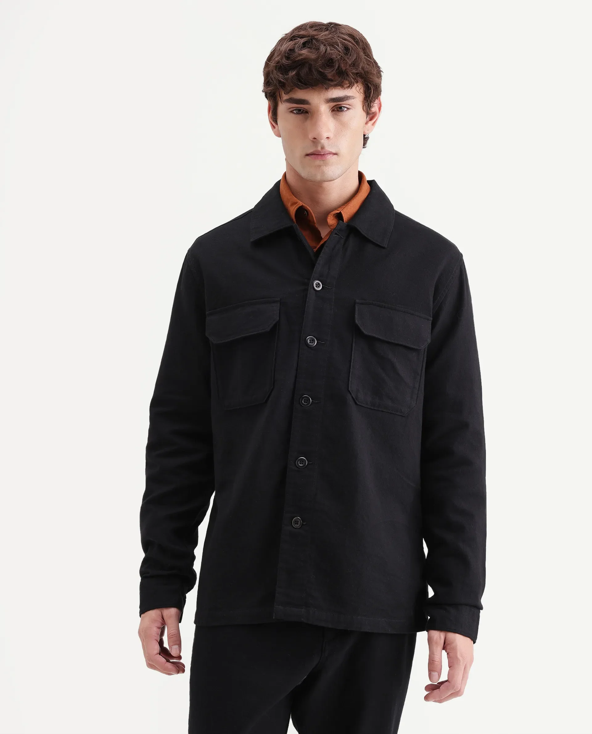 Rare Rabbit Men's Prest-Aw26 Black Cotton Spread Collar Button Relaxed Plain Shacket - Image 4