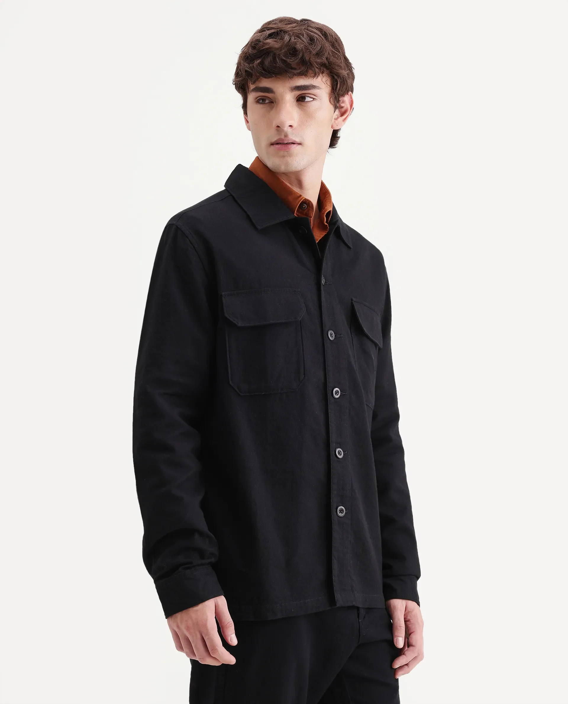 Rare Rabbit Men's Prest-Aw26 Black Cotton Spread Collar Button Relaxed Plain Shacket - Image 5