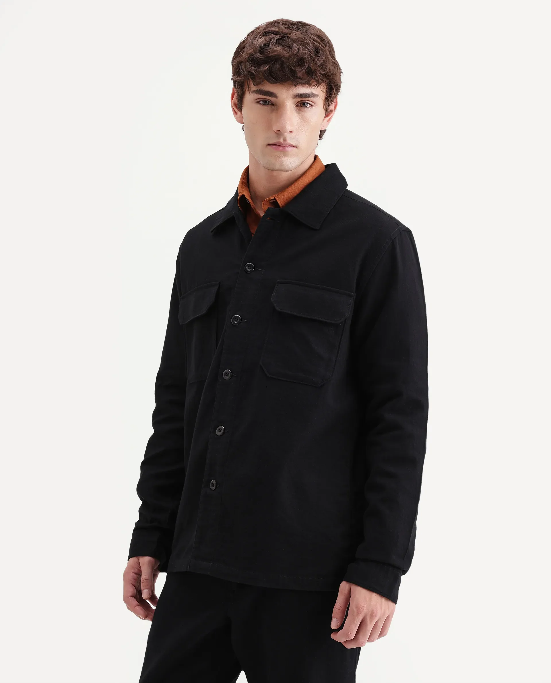 Rare Rabbit Men's Prest-Aw26 Black Cotton Spread Collar Button Relaxed Plain Shacket - Image 6