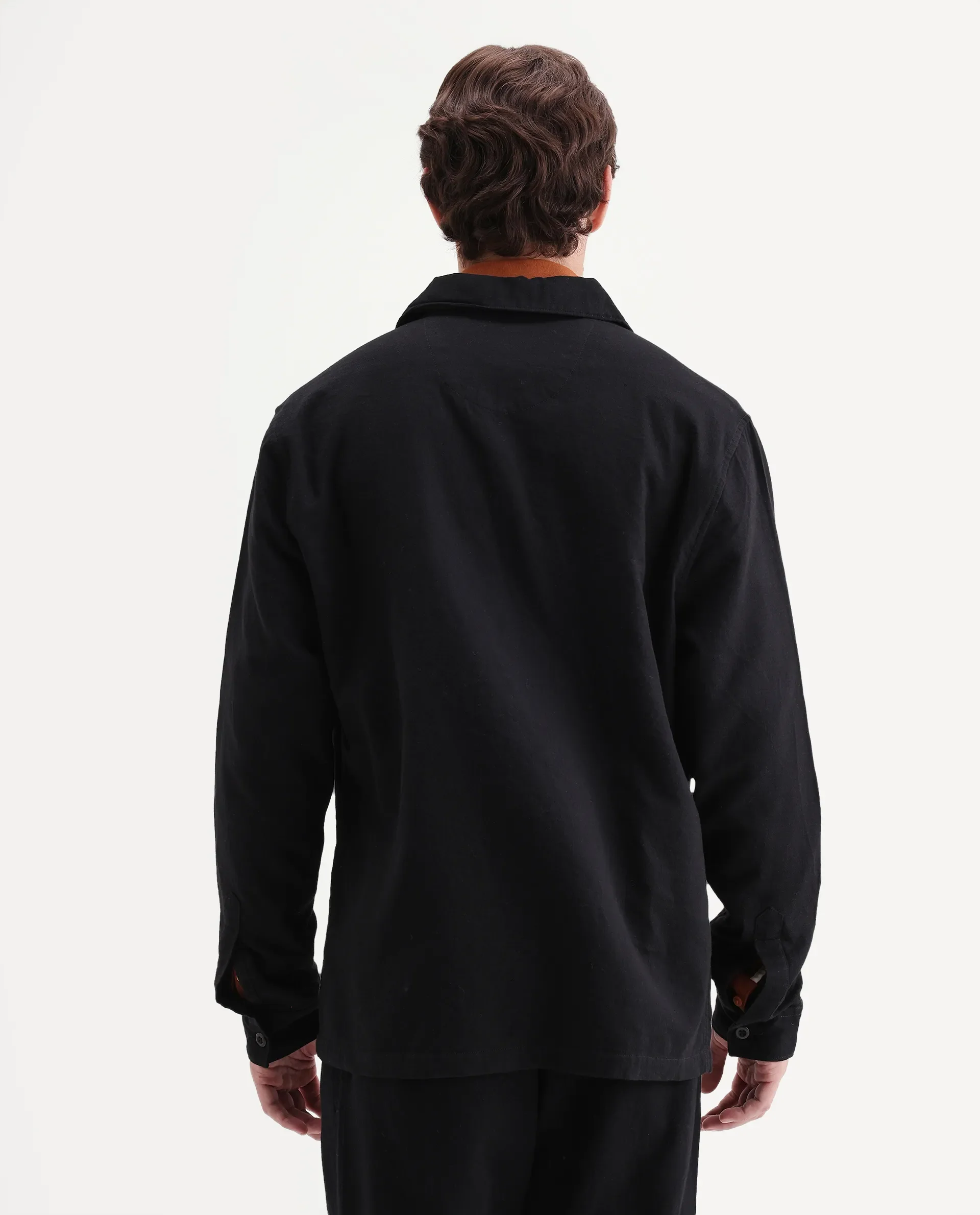Rare Rabbit Men's Prest-Aw26 Black Cotton Spread Collar Button Relaxed Plain Shacket - Image 7