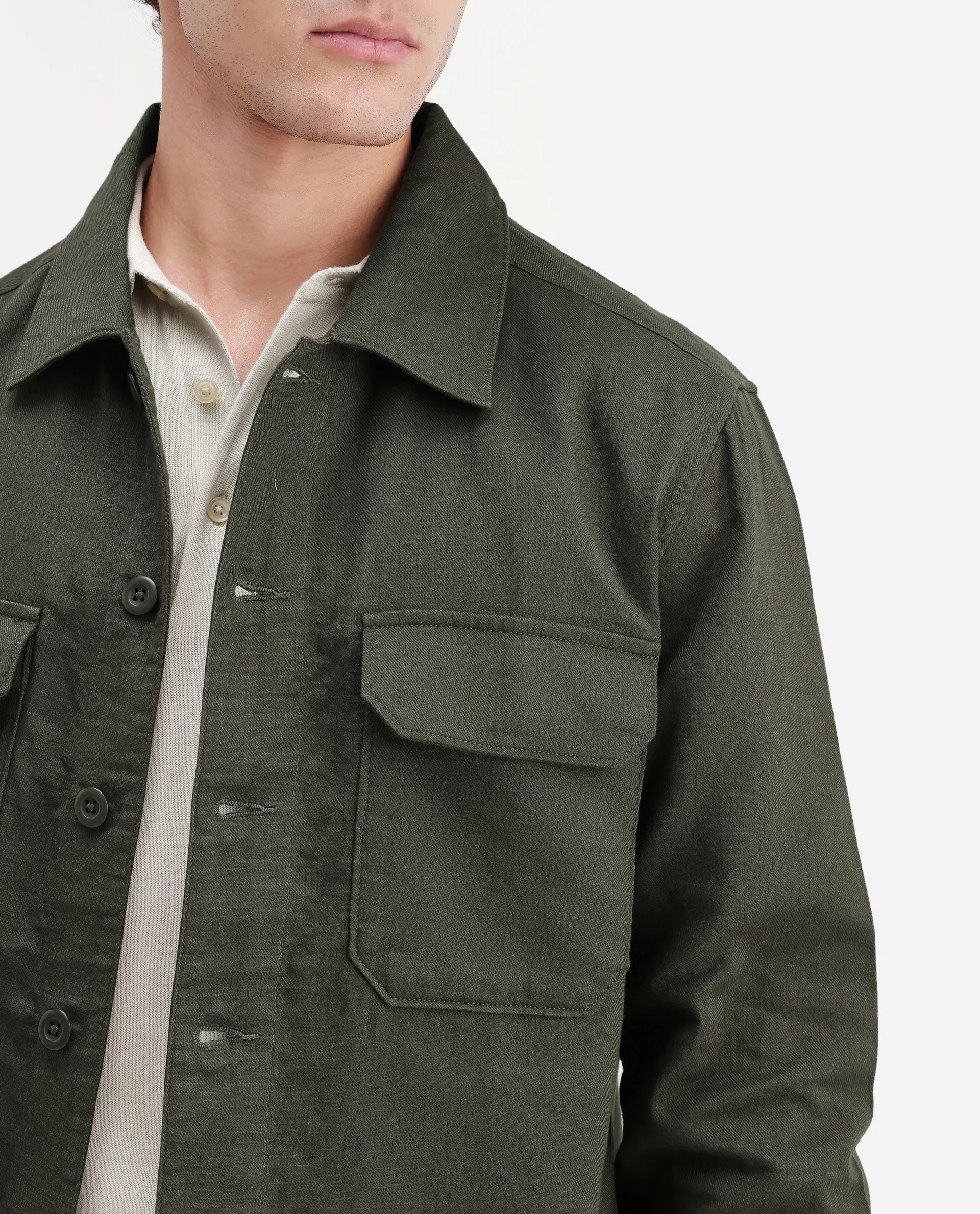 Rare Rabbit Men's Prest-Aw26 Olive Cotton Spread Collar Button Relaxed Plain Shacket - Image 3