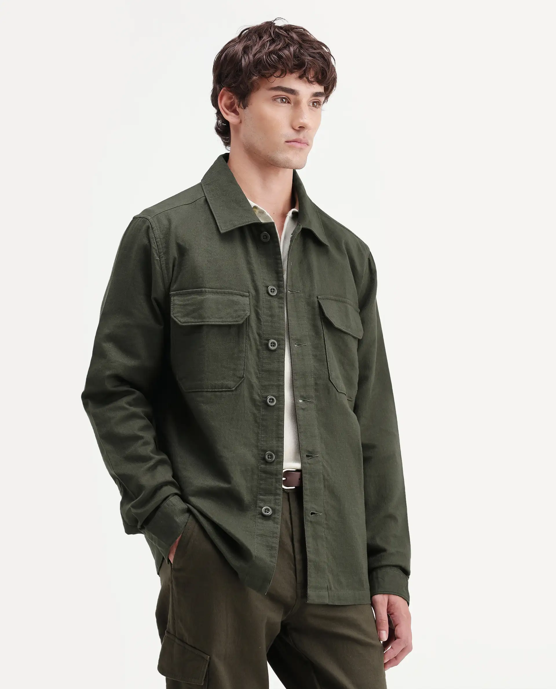 Rare Rabbit Men's Prest-Aw26 Olive Cotton Spread Collar Button Relaxed Plain Shacket - Image 4