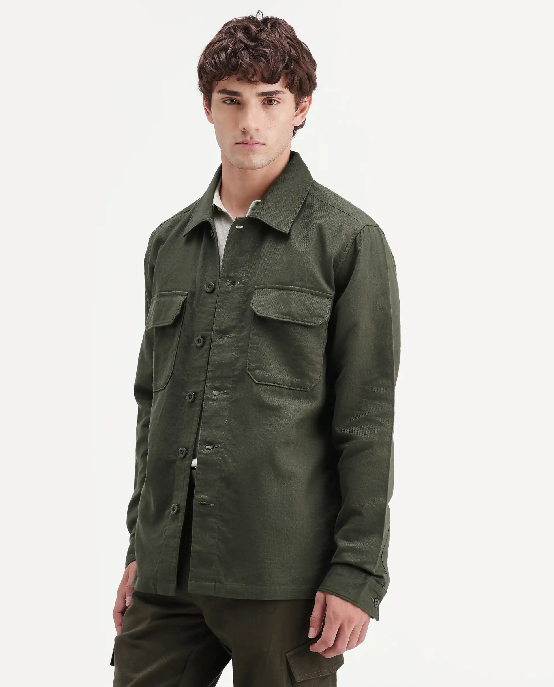 Rare Rabbit Men's Prest-Aw26 Olive Cotton Spread Collar Button Relaxed Plain Shacket - Image 5