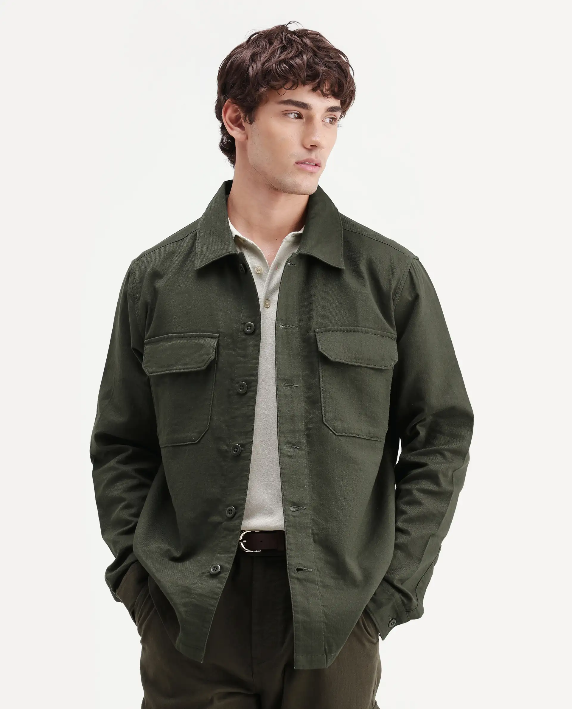 Rare Rabbit Men's Prest-Aw26 Olive Cotton Spread Collar Button Relaxed Plain Shacket - Image 6